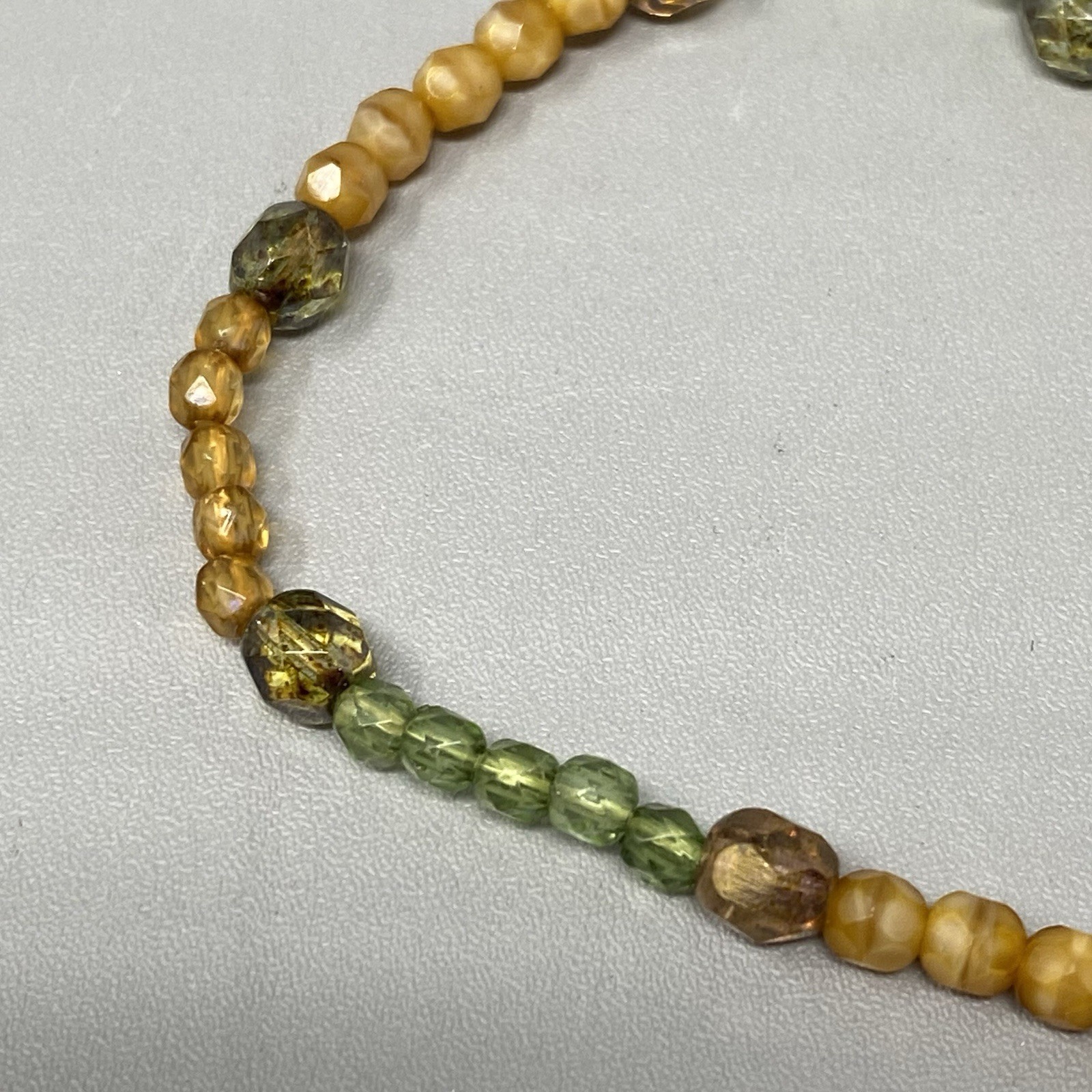 Glass Bead Bracelet Mini Green Orange Marble Faceted Fire Polished Coated 7″