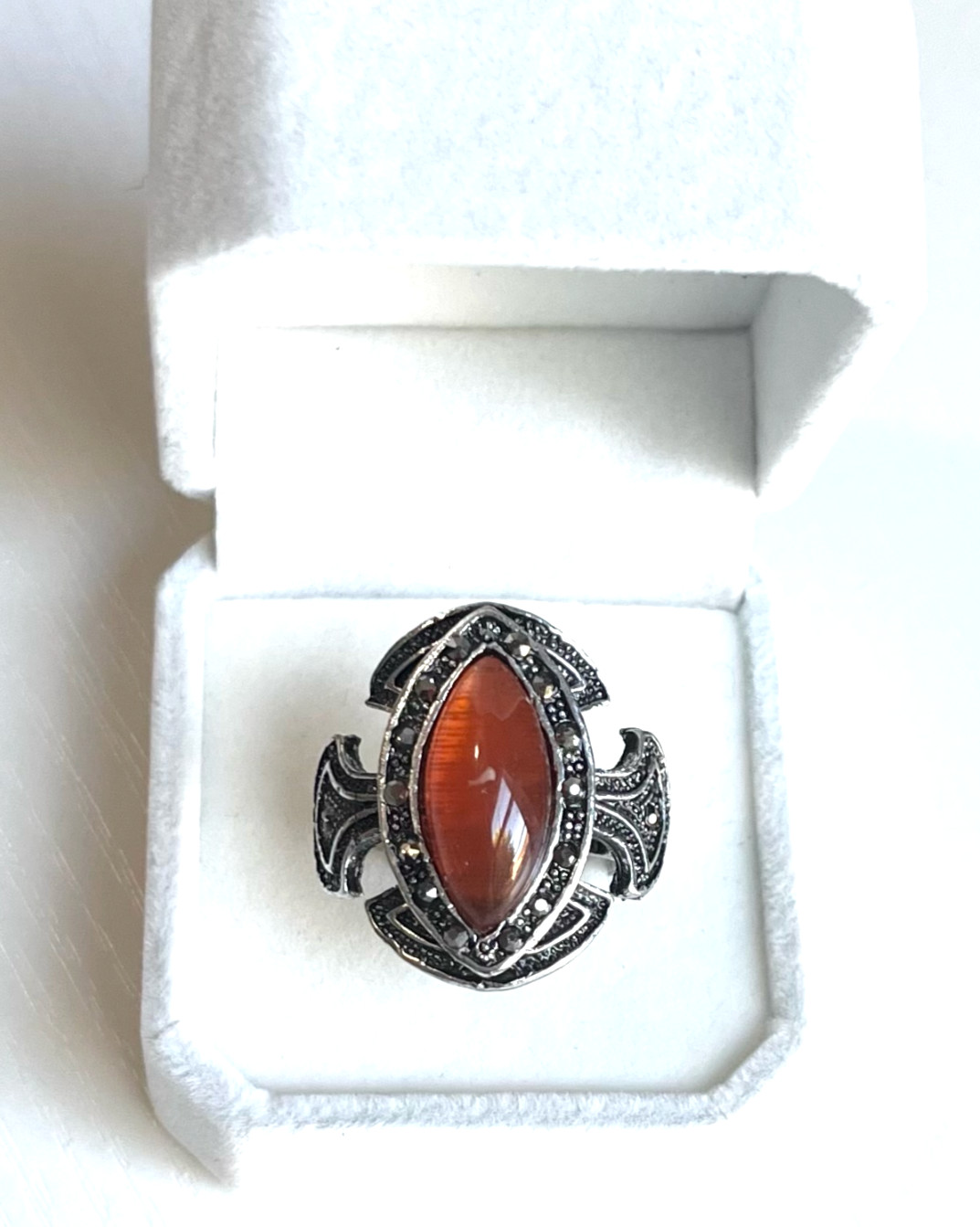 Vintage Carnelian & Marcasite Cross-Shaped Statement Ring Size Adjustable