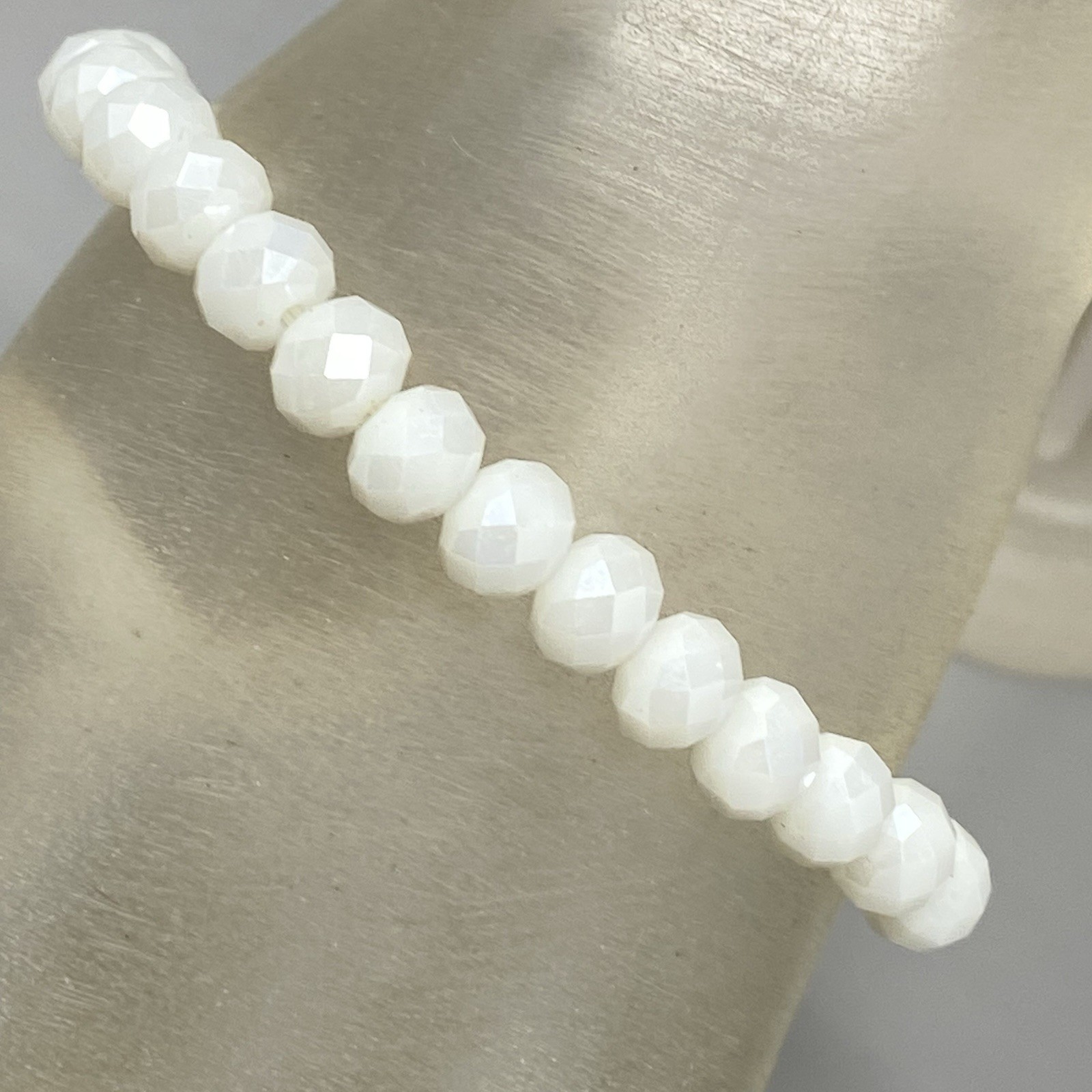 White Glass Beaded Bracelet Faceted Fire Polished Simple Stretch Elastic 6.5″