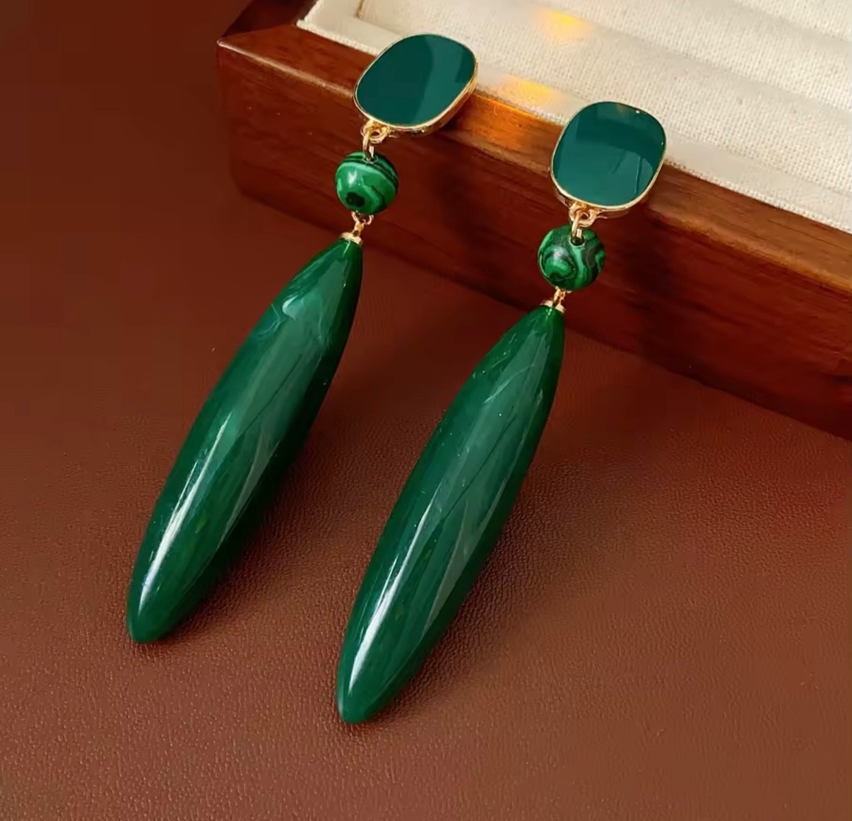 Vintage Emerald Green Acrylic Dangle Earrings for Women, Malachite Style Drop Ea