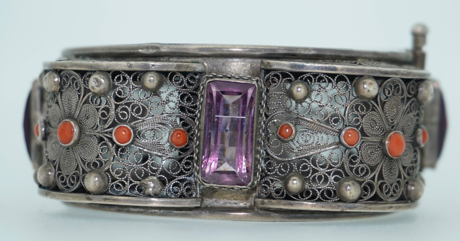 Vintage 800 Cannetille Coral & Amethyst Glass Bracelet