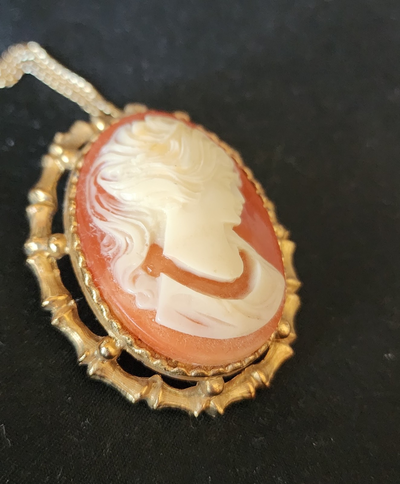 Vintage Salmon Color Lady Head Cameo Necklace Pendant Brooch Pin Beautiful NOS