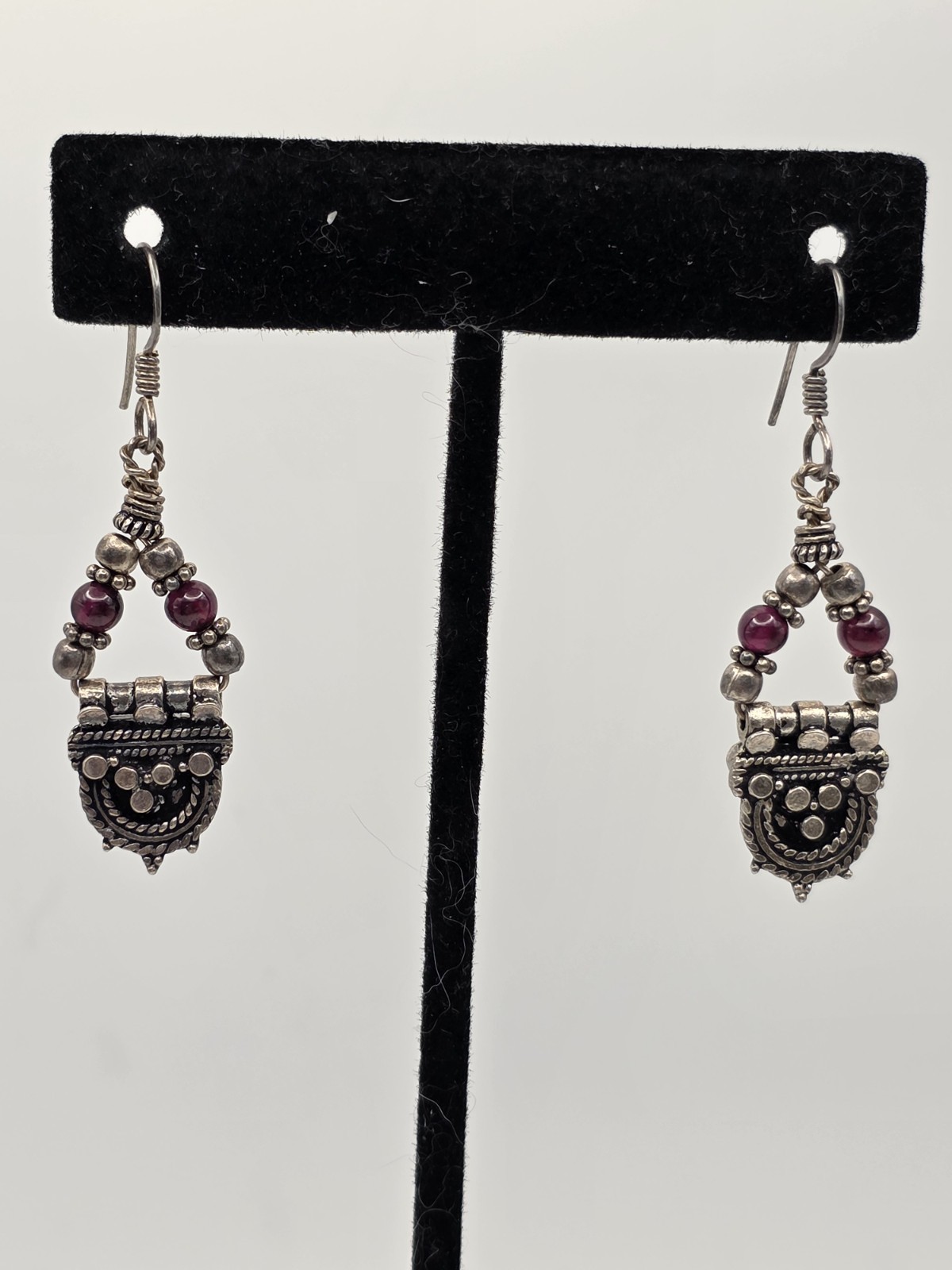 Vintage Dangle Boho Silver And Red Beads Pierced Earrings Hooks Marked 925