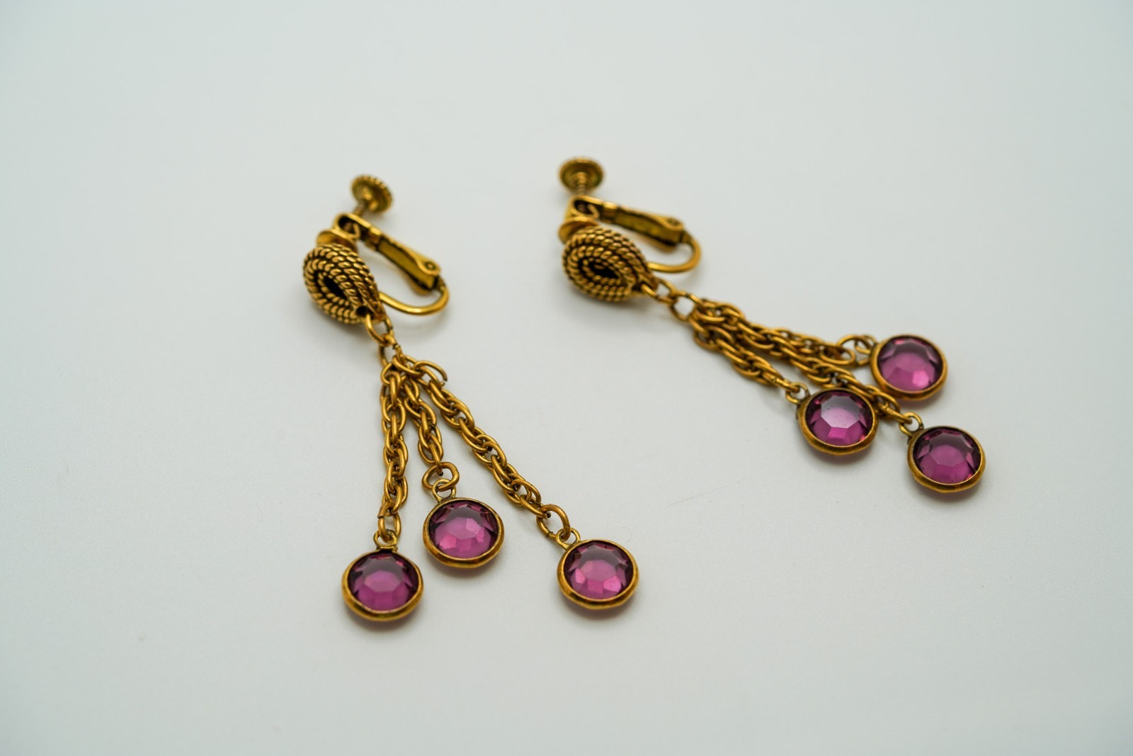 Antique Gold Purple Crystal Dangle Earrings 5.7cm JB1