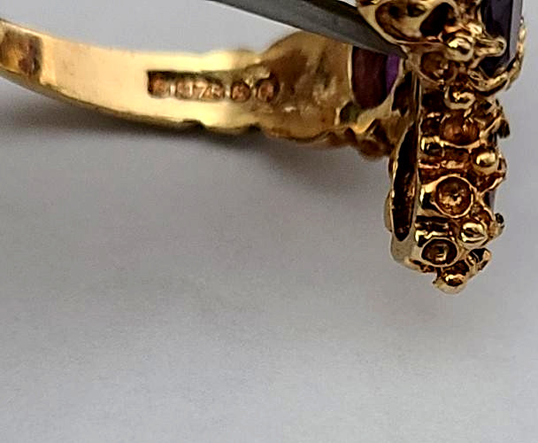 LARGE ANTIQUE 9K ROSE GOLD CLUSTER AMETHYST 5 STONE VICTORIAN FILIGREE