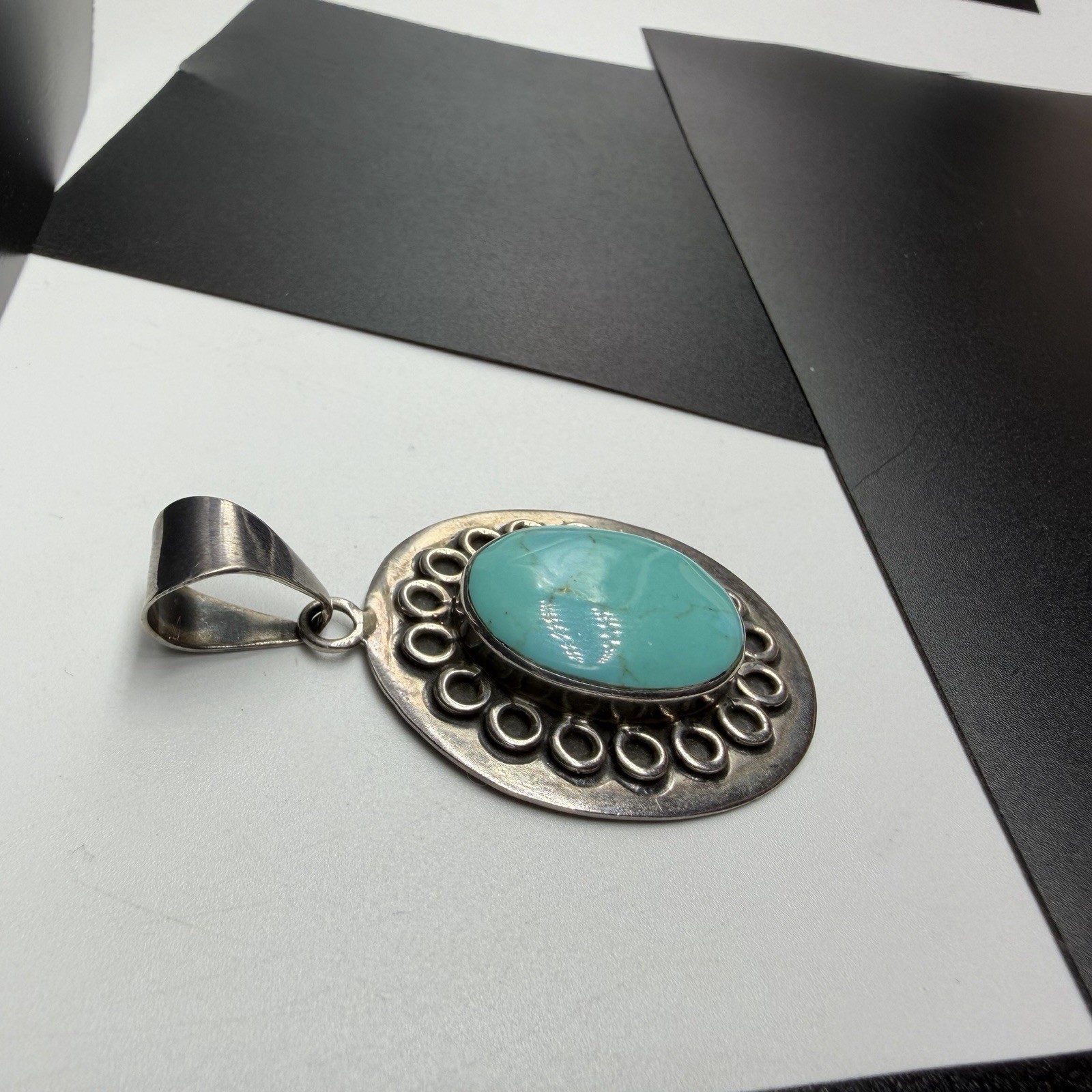 Vintage Taxco TL-83 Sterling Silver 2.25″ Drop Oval Turquoise Pendant Mex 17.2g