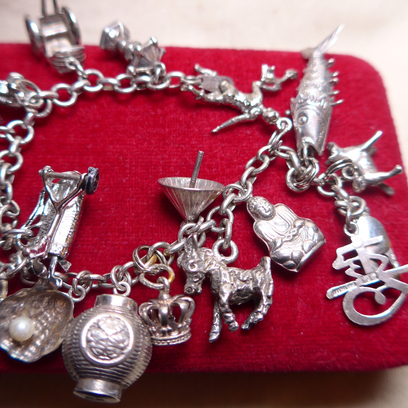 vtg LOADED Asian Theme Charm Bracelet Sterling Silver 925 Charms 6.5″