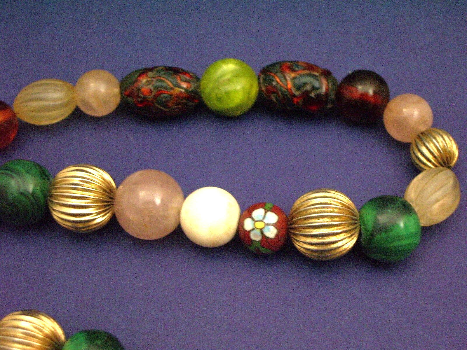 Venetian unique beaded necklace enamel malachite rose quartz stunning Estate