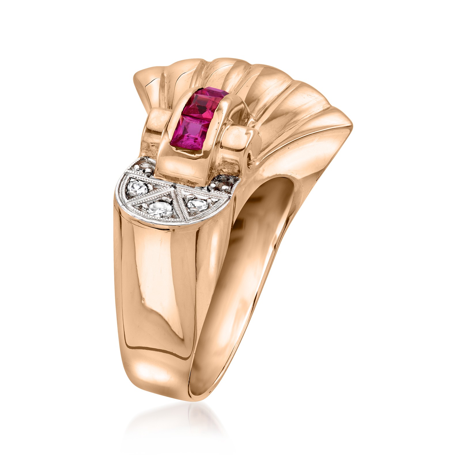 Vint Synth Ruby Fan Rng w Diamonds in 18k Rose Gold Size 6