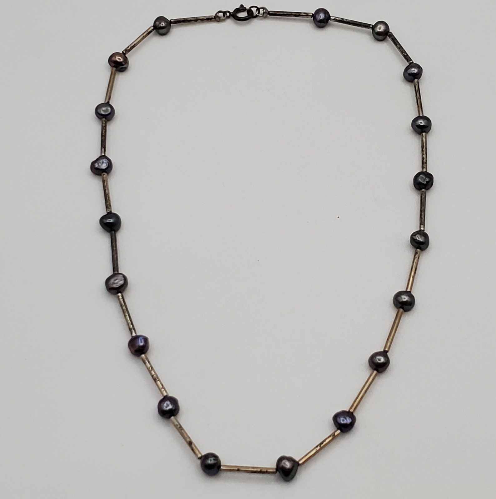 VTG 925 Peacock Pearl Necklace 16in Sterling Silver Bar Links 7g Gray Station