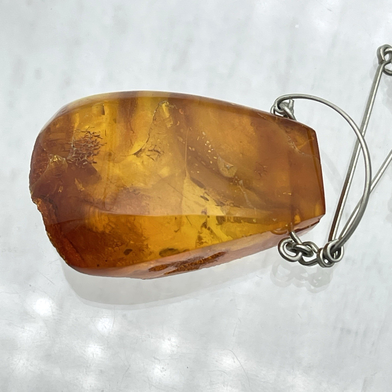 Genuine Baltic Amber Pendant Necklace Vintage Modernist Artisan Wire Chain Honey