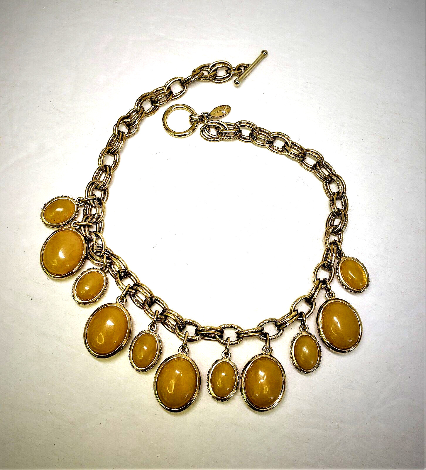 Bib Fringe Necklace Ann Taylor Toggle Butterscotch Yellow Cabochon Beaded VTG