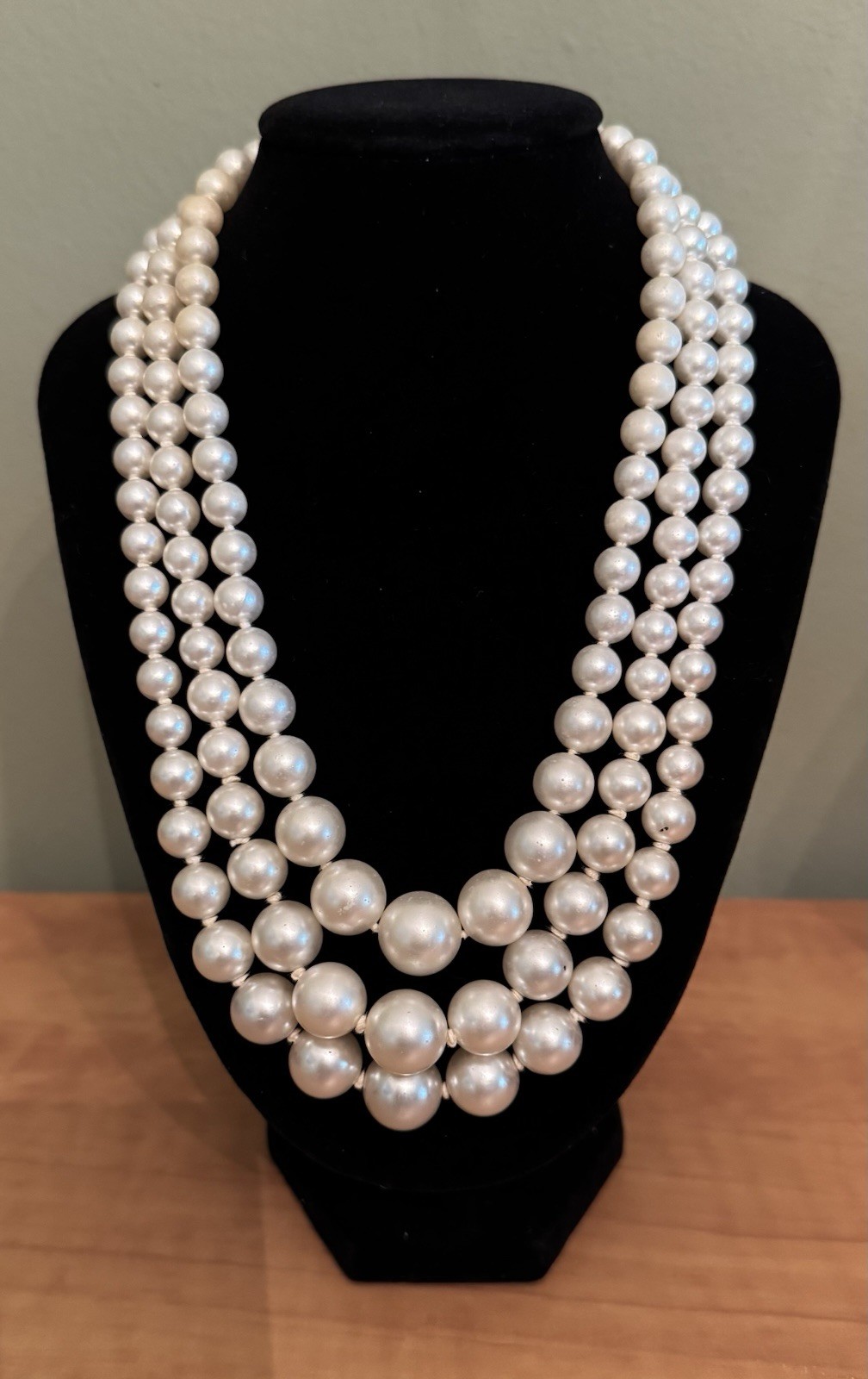 Antique Three Strand Hand Knotted Pearl Graduated Necklace Rhinestone Clasp
