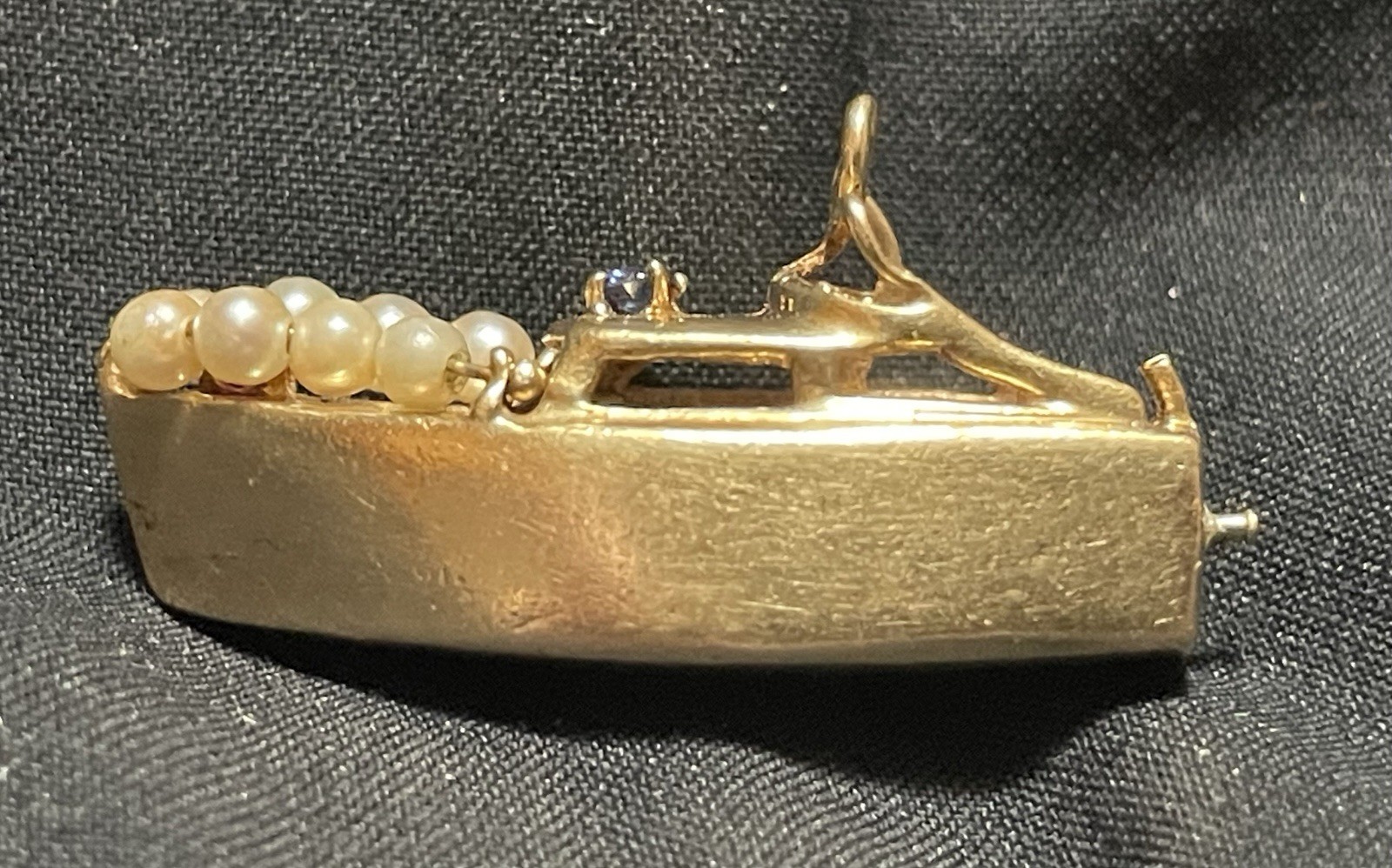 1955 Antique 14k Solid Yellow Gold Boat Charm Pendant Ruby Sapphire Pearls RARE