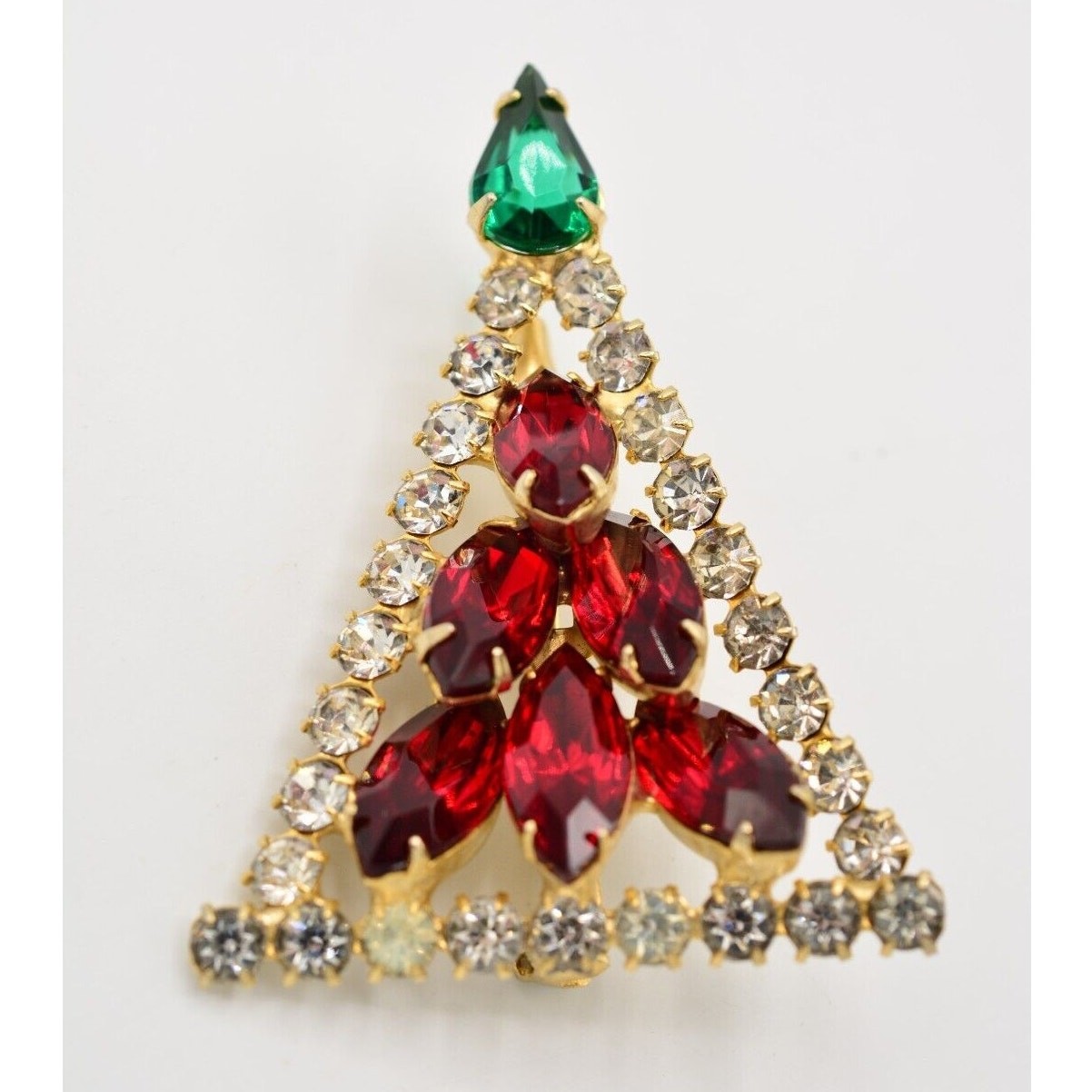 Vintage Crystal Christmas Tree Brooch Gold Green Red Marquise Rhinestone BinB