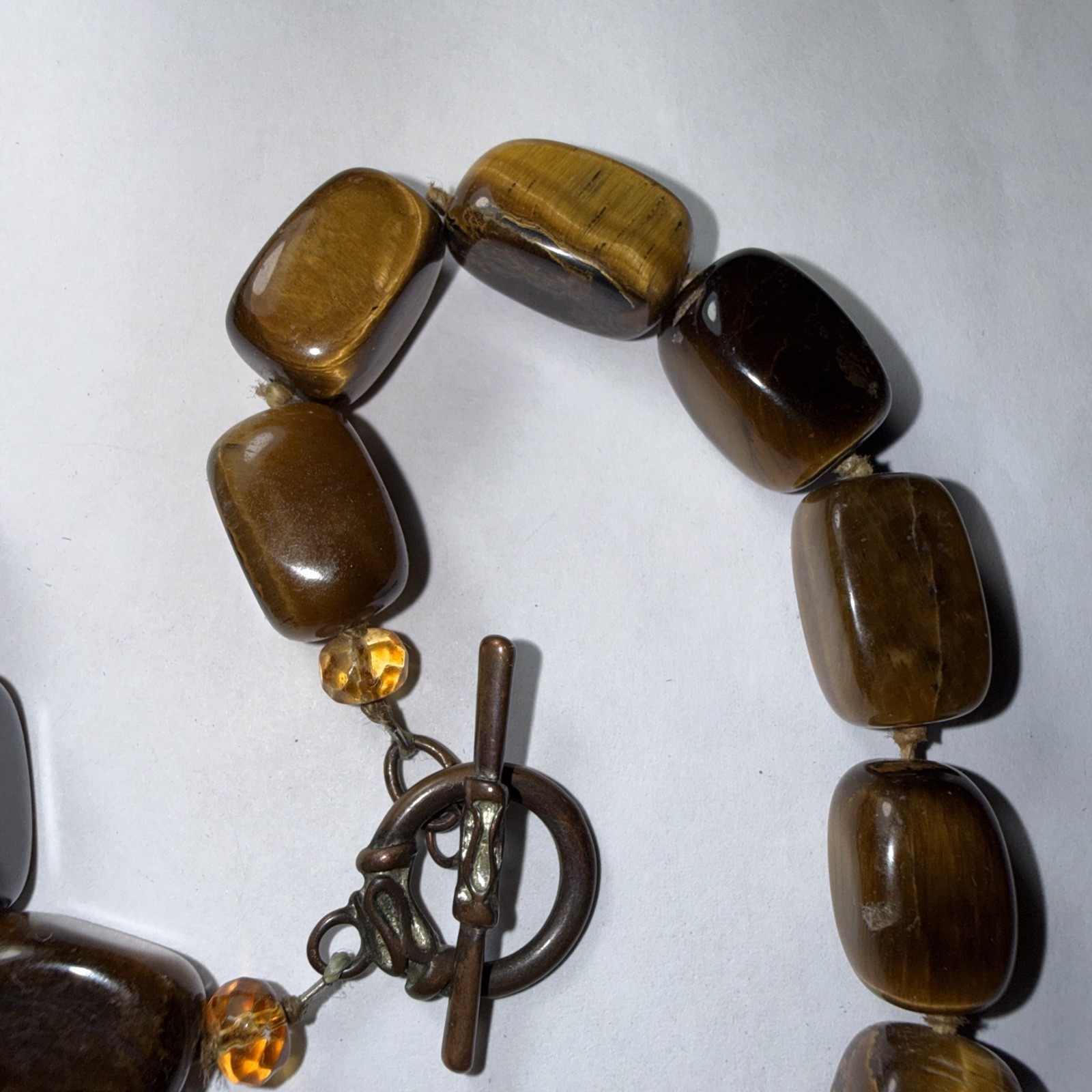 Necklace Big Jade Pendant Big Tigers Eye Beads Faceted Citrine Crystal 17” Old