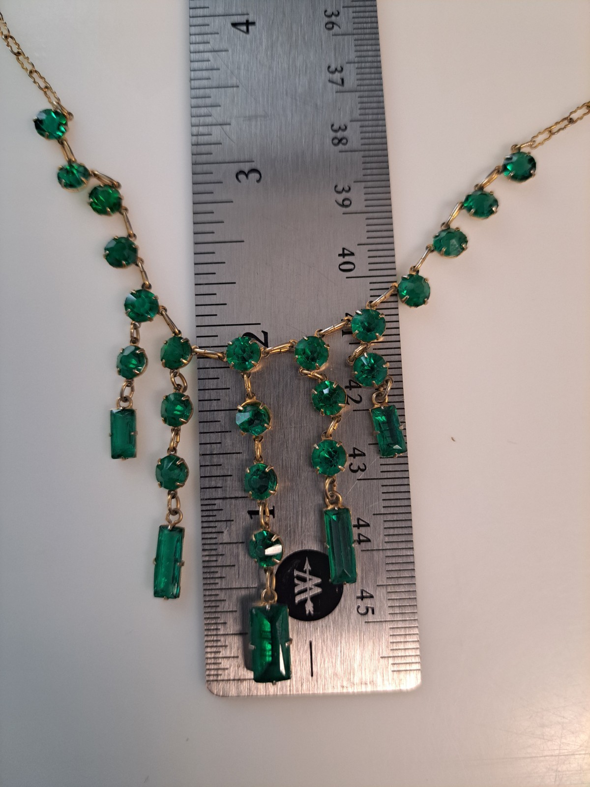 Vintage Art Deco Revival Green Glass Festoon Bib Necklace Gold Tone Fringe Drops