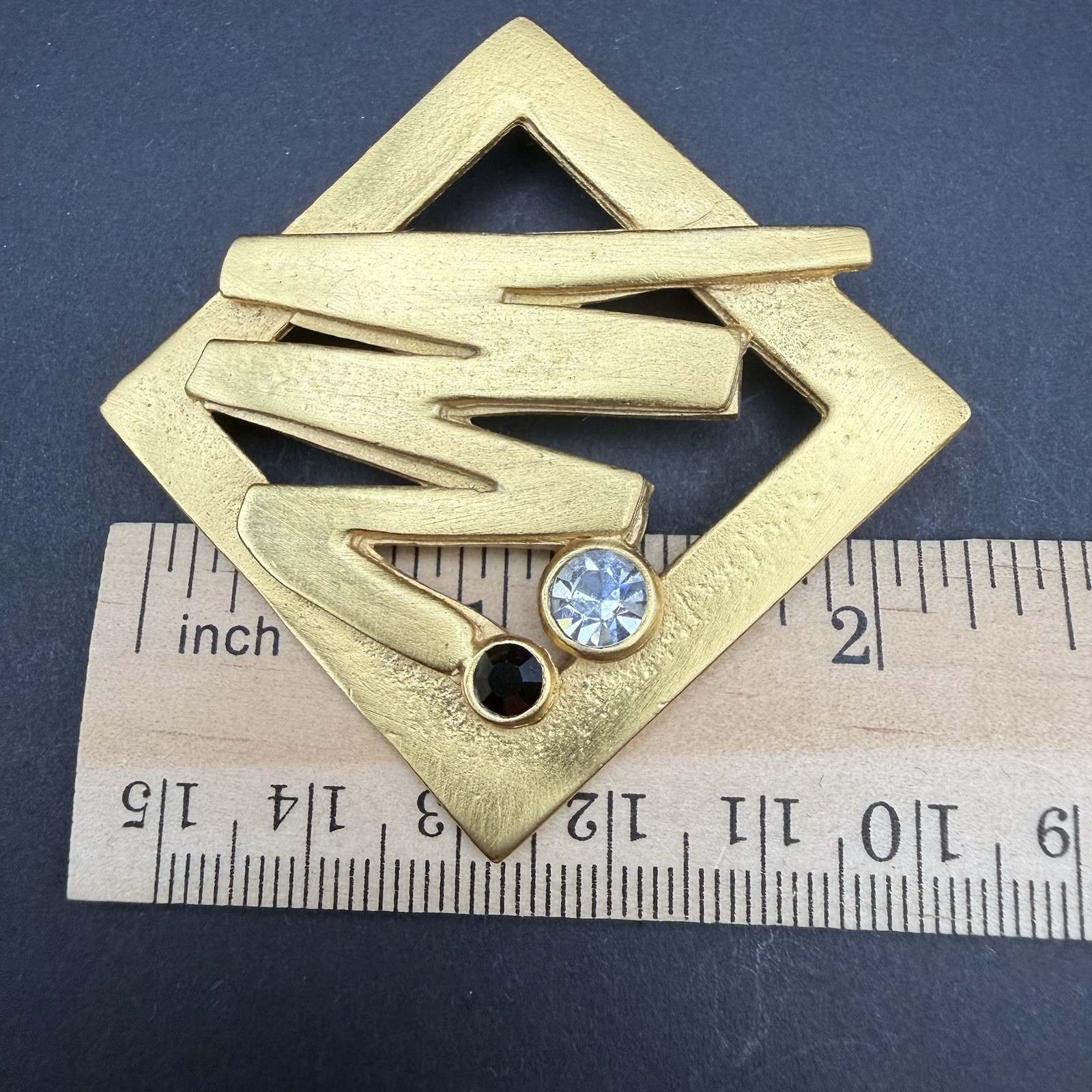 Vintage Modernist Gold Tone Geometric Brooch Pin Black & Clear Rhinestones