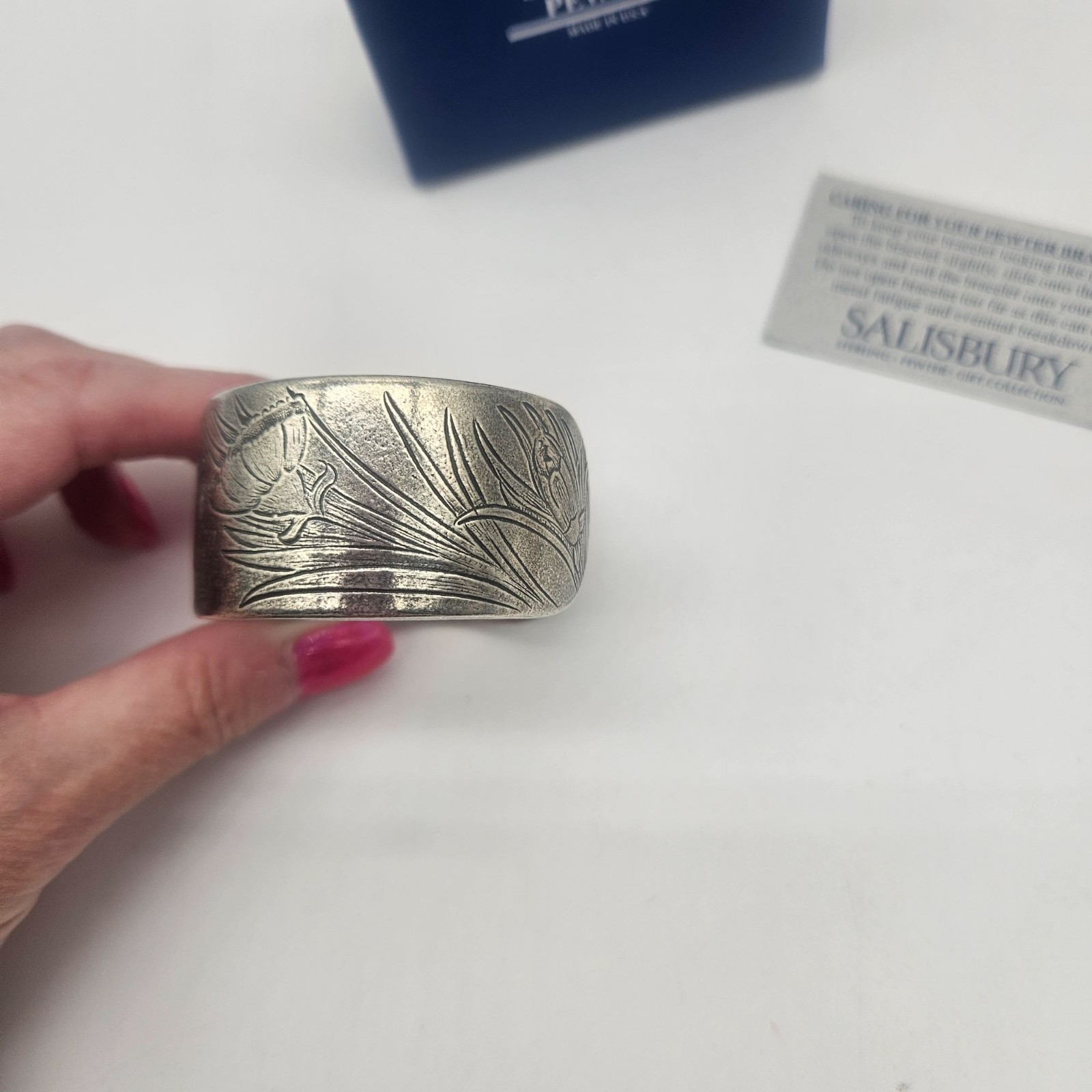 Salisbury Pewter Cuff Bracelet Birth Month Flower January Carnation Boxed