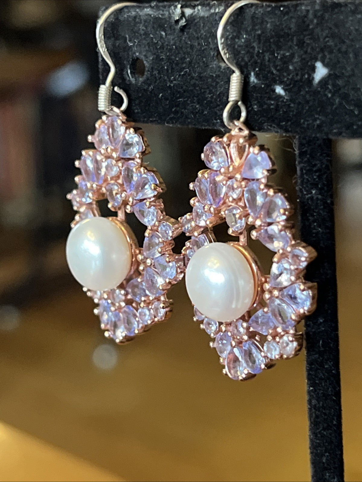 Vintage Tanzanite Real Pearl Dangle Drop Earrings 925 Wire Pierced 1.75” Classic