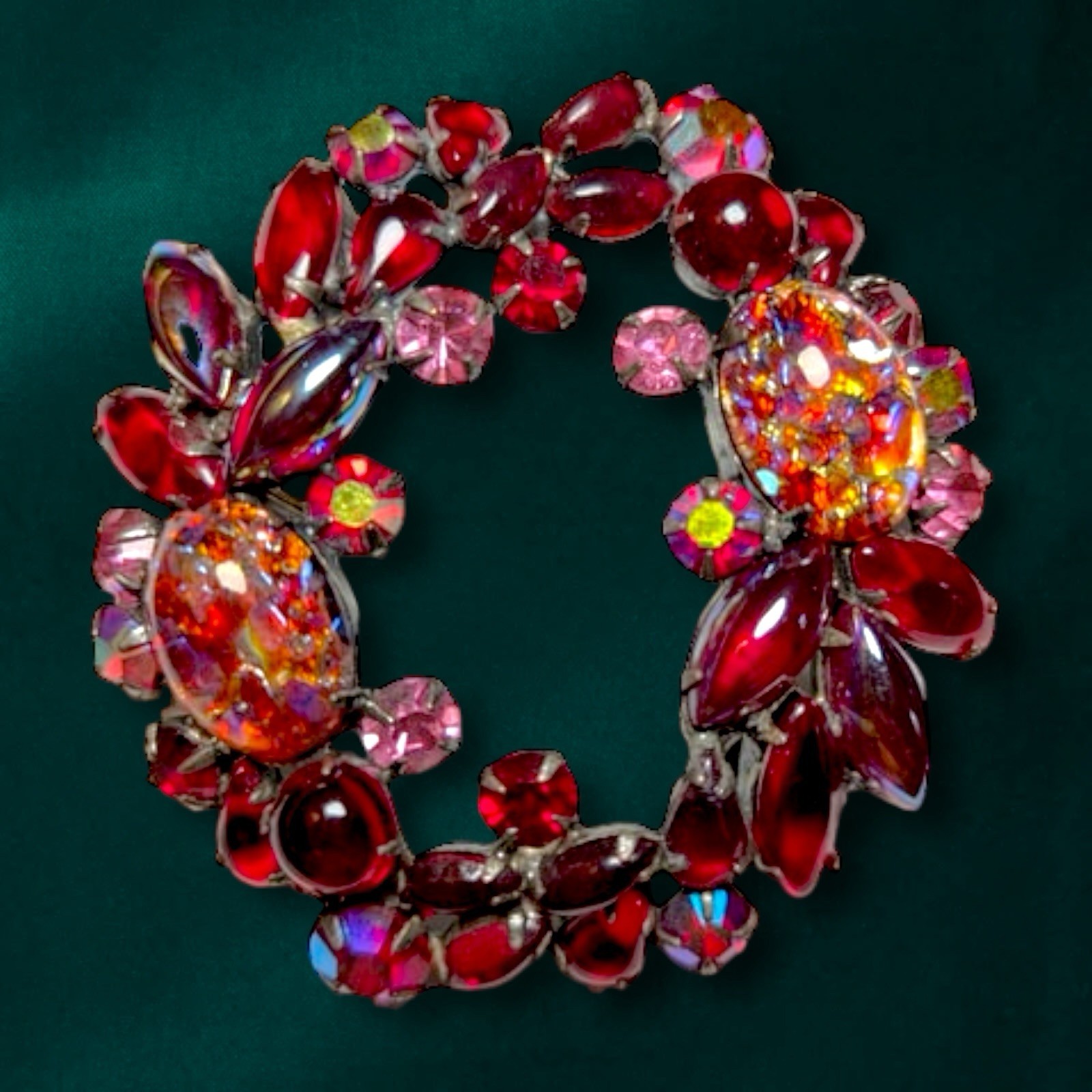 Red Rhinestone Brooch Large Art Glass Confetti Cabochon Vintage 3 Inch