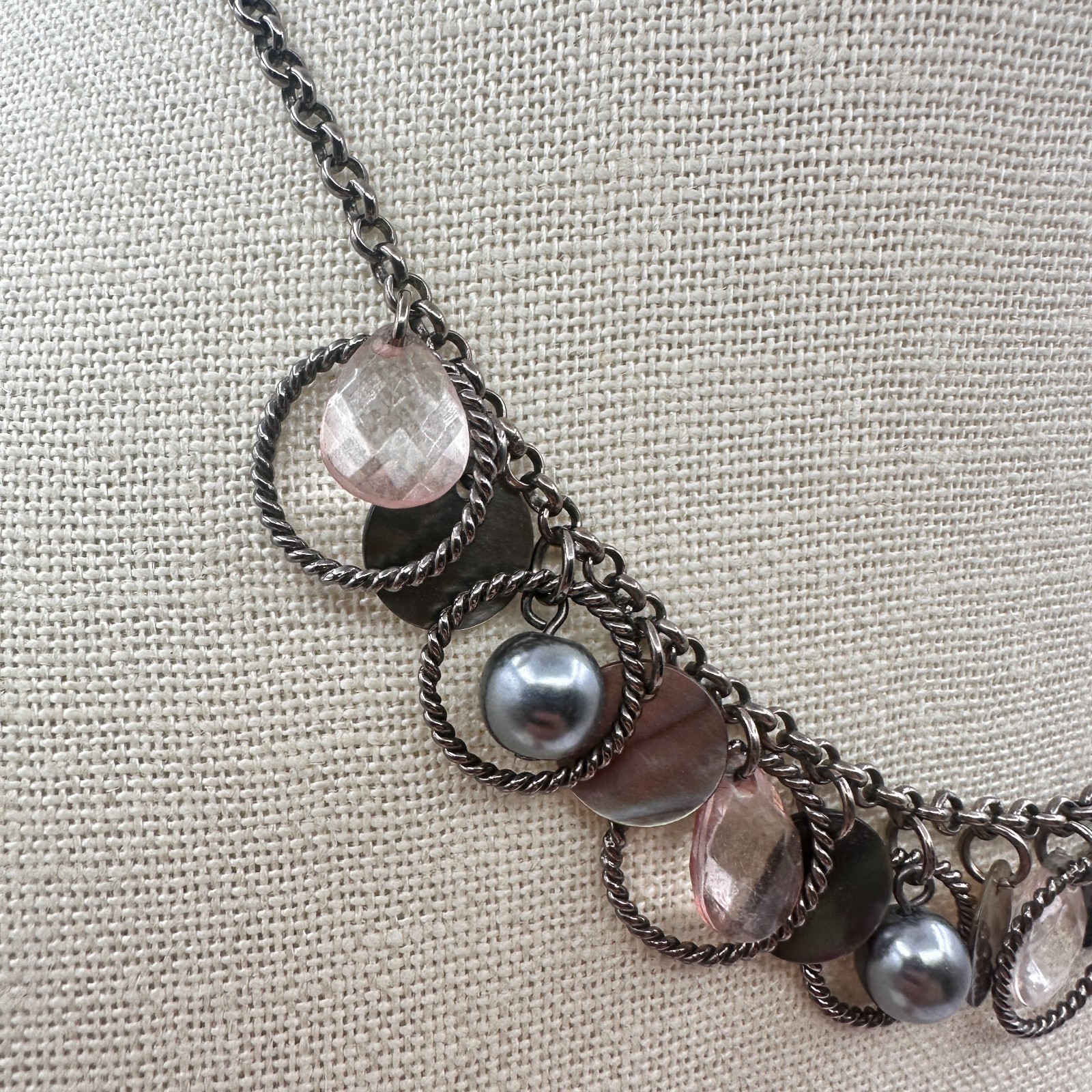 VTG Gunmetal Faux Tahitian Pearl Rose Quartz Choker Bib Necklace Charm Fringe