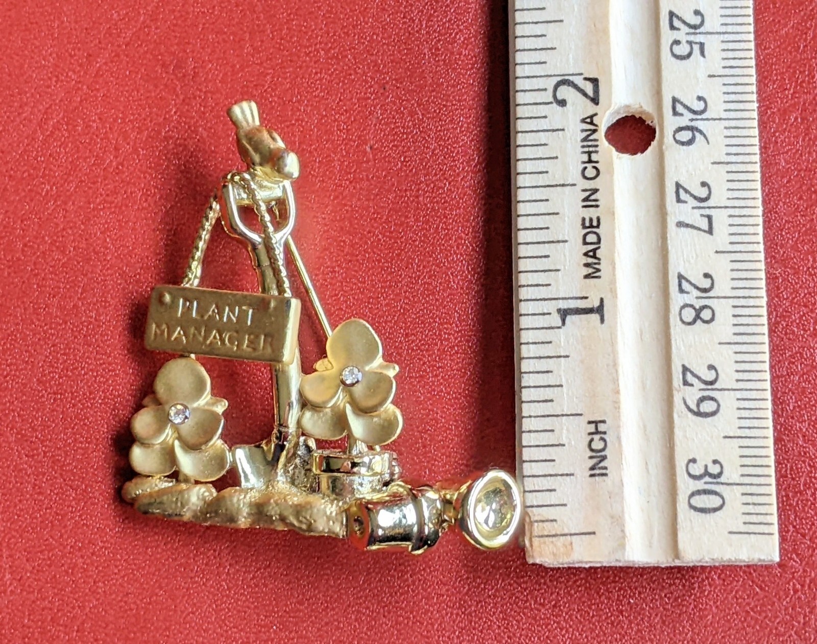 Vintage AJC Gold Tone Textured PLANT MANAGER Gardening Flower Bird BROOCH Pin
