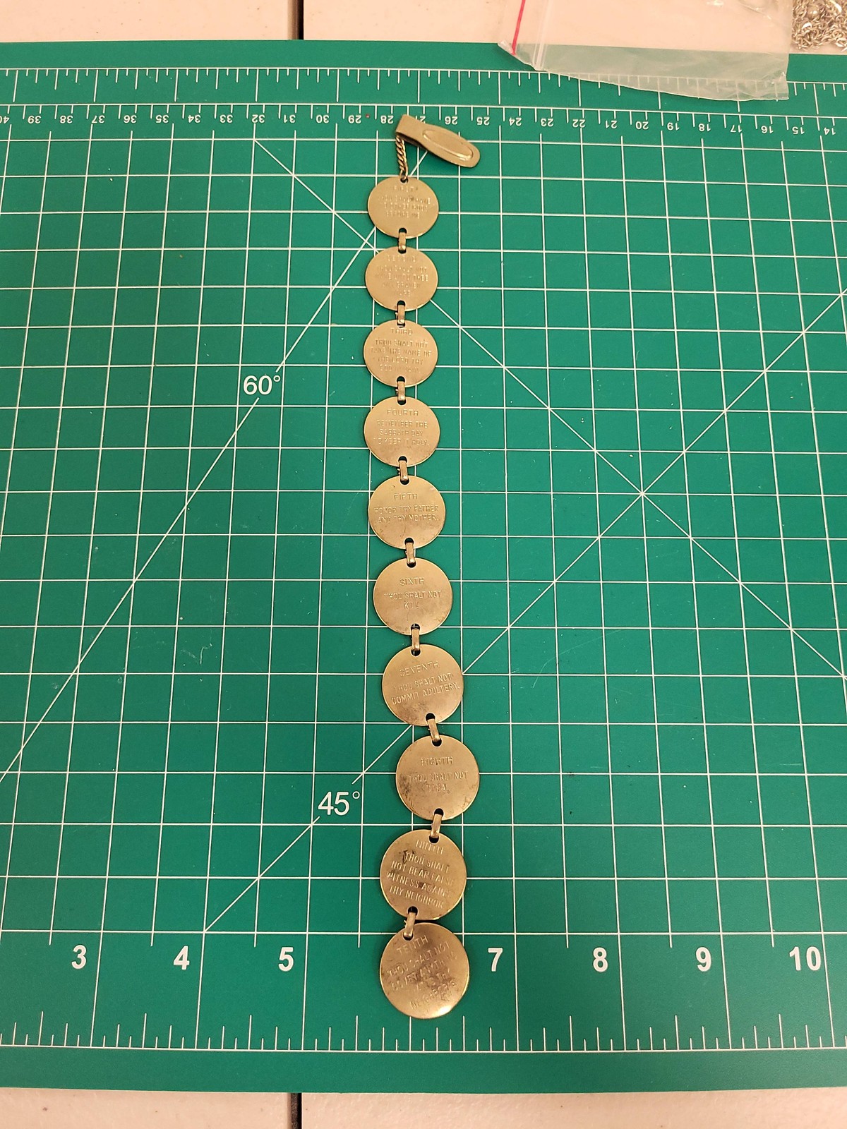 Vintage Ten Commandments Gold Tone Religious Medallion Coin Link Bracelet Clip