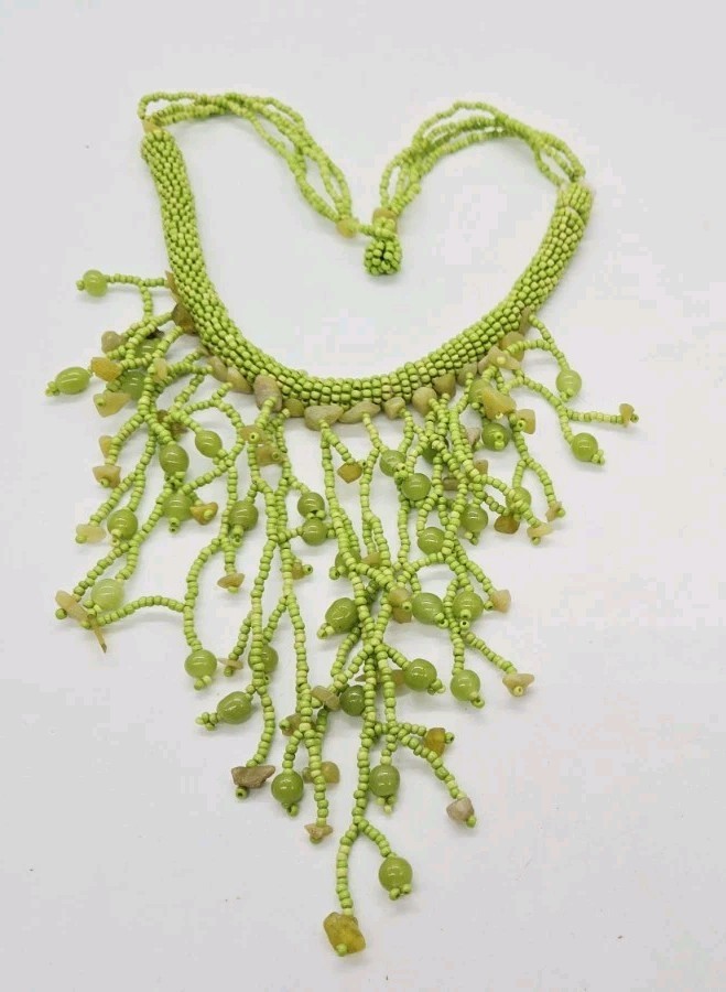 Vintage Beaded Fringe Bib Necklace Seed Beads Lot of 2 Statement Green Coral