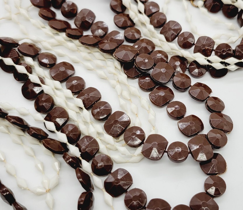 White & Brown plastic beaded Long Necklace 50 in Vintage ART DECO
