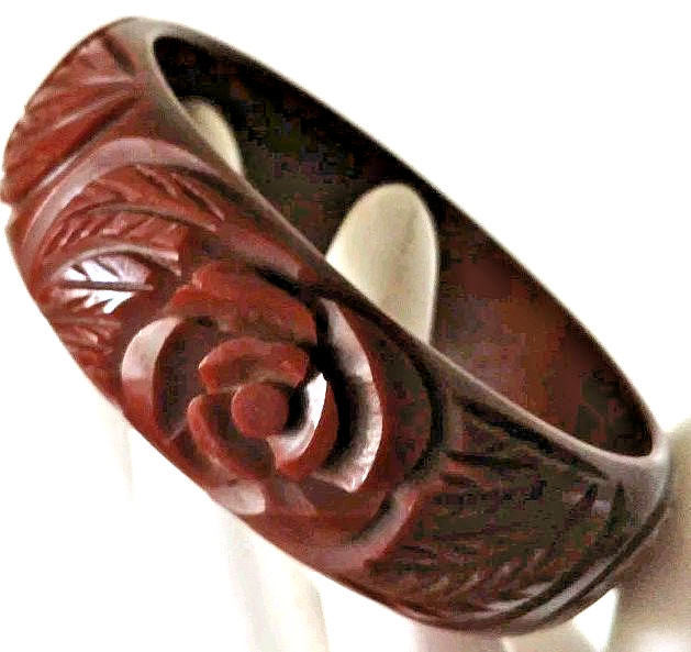 Vtg 1940’s Bakelite Bangle Bracelet Deeply Carved Brown Flower Leaves Tested