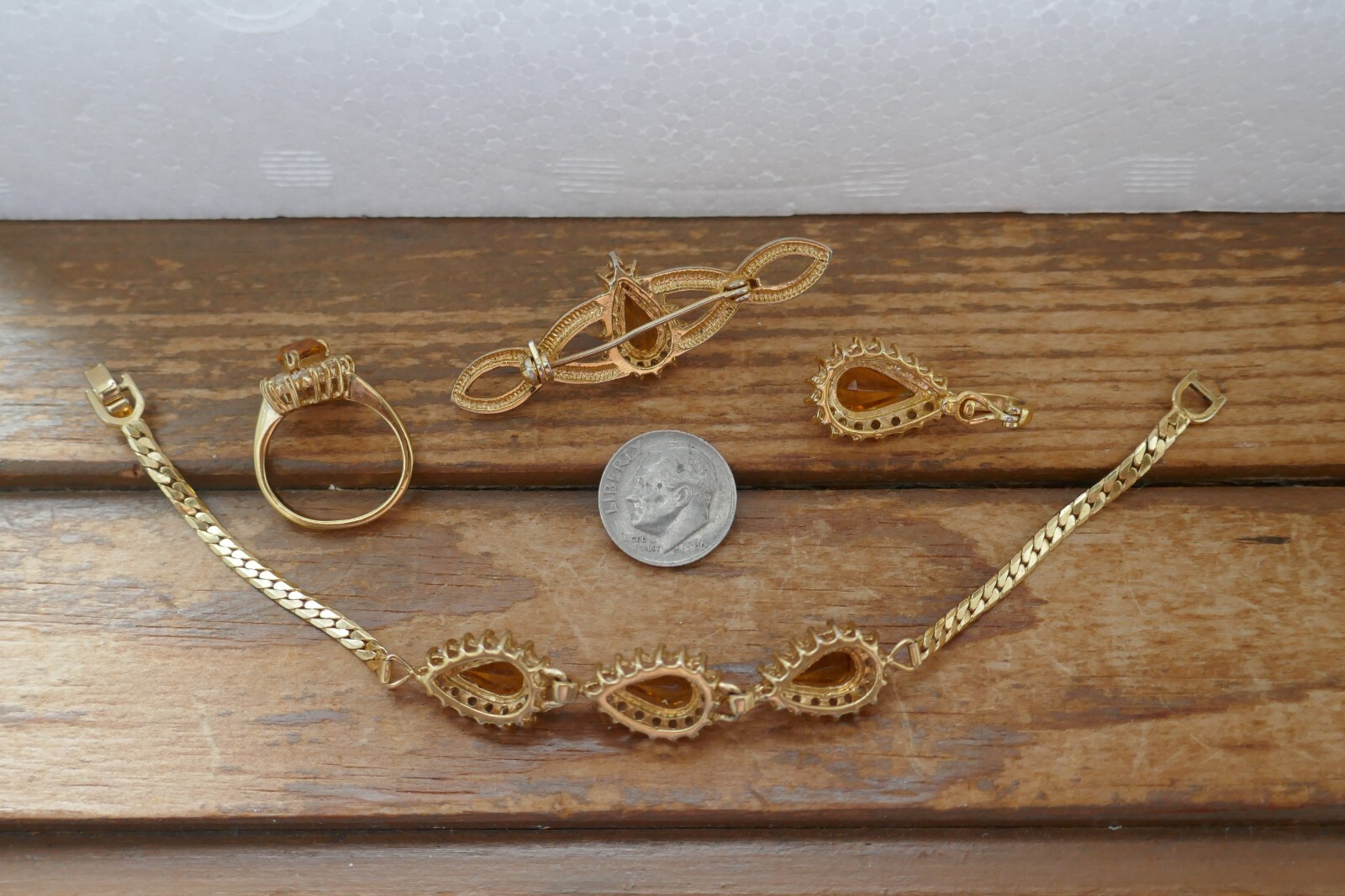 VTG Lot GP Set Citrine & Clear CZ Bracelet Pendant Necklace Enhancer Brooch Ring