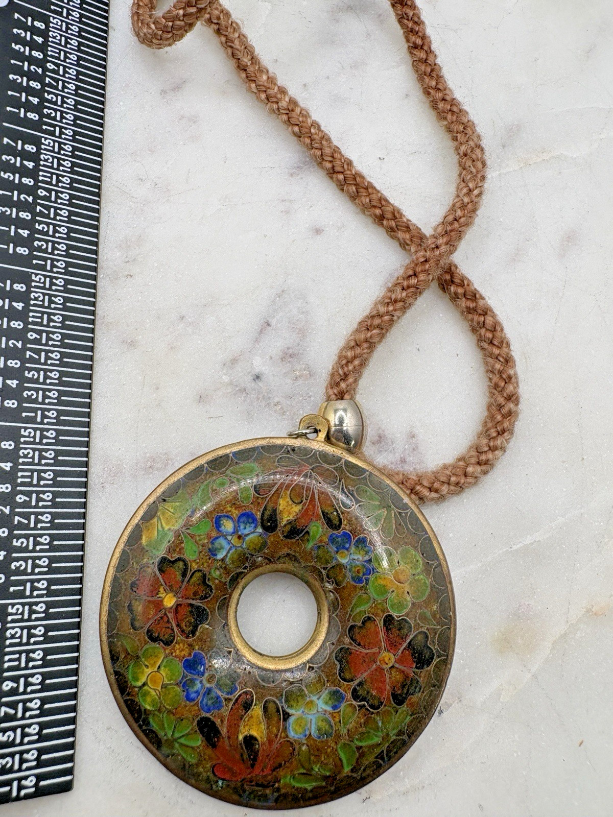 Vintage Cloisonné 1970s Large Hand Painted Enamel Floral Donut Pendant Necklace