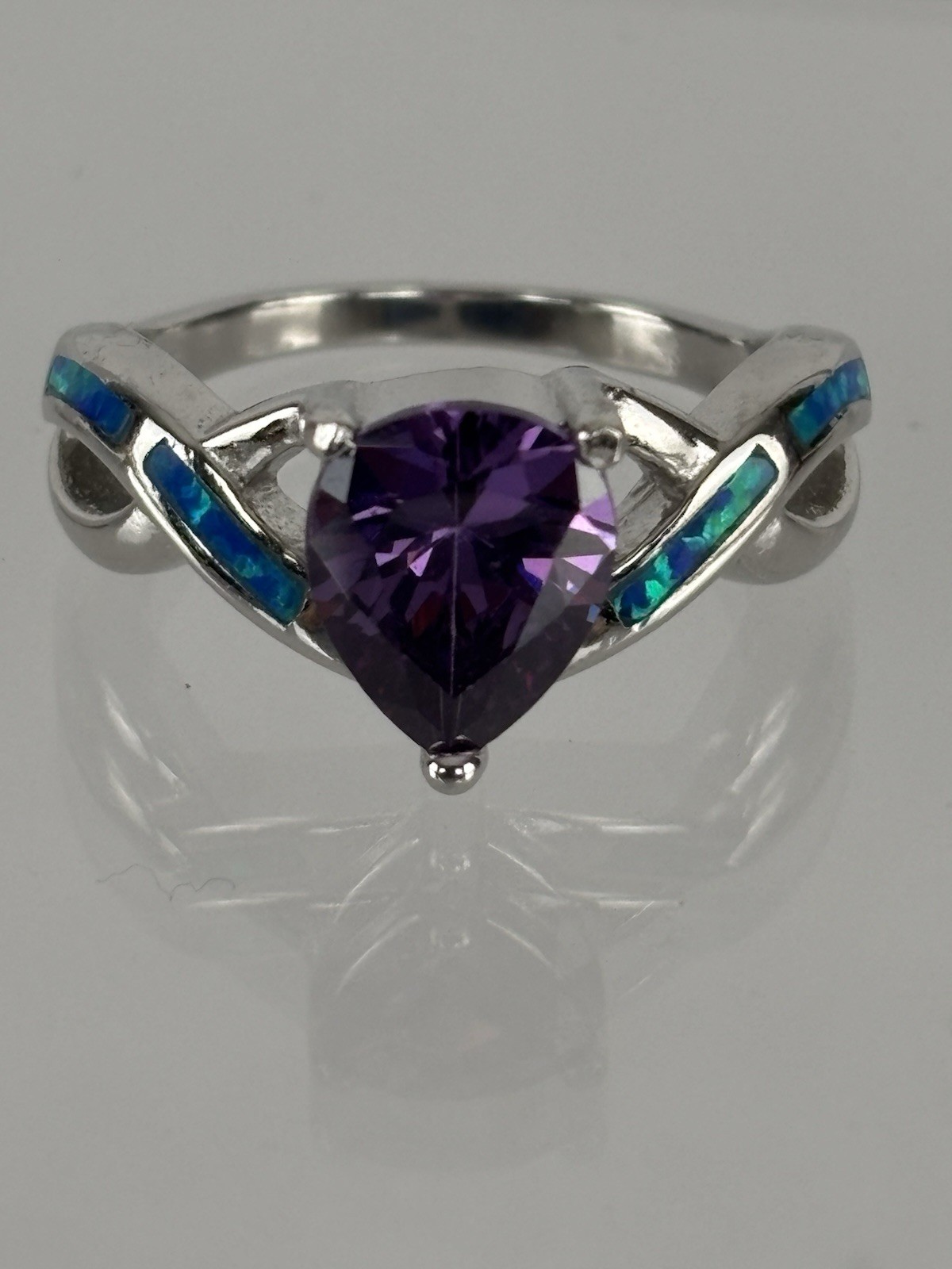 Sterling Silver Teardrop Amethyst & Blue Opal Set Ring Size 8