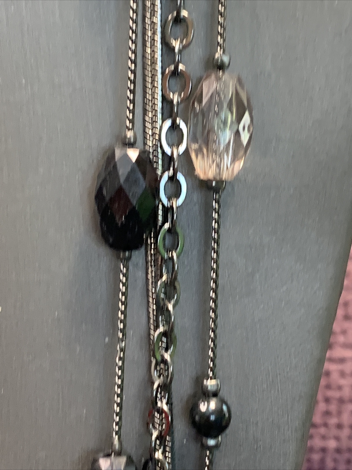 Black beaded long sweater necklace gunmetal gray￼necklace 40” 4 Strand
