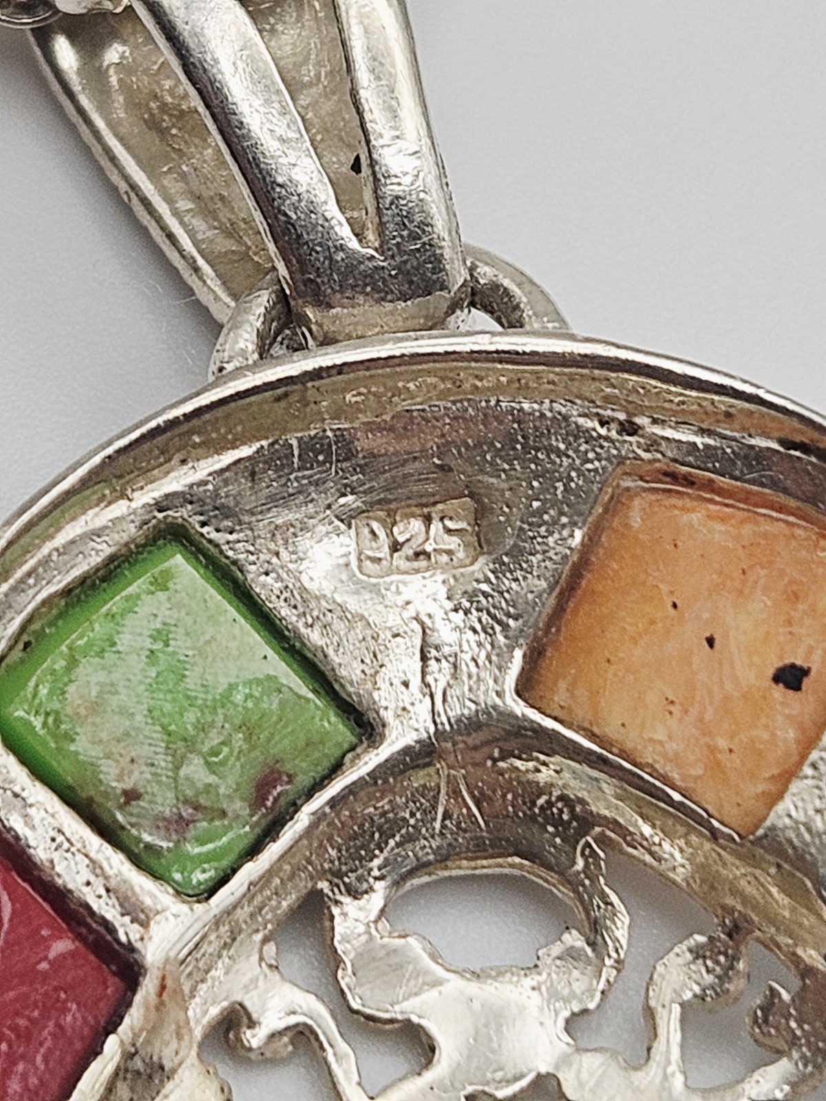 Sterling Silver Turquoise, Red Coral, Jasper & Marcasite Pendant Necklace 24″