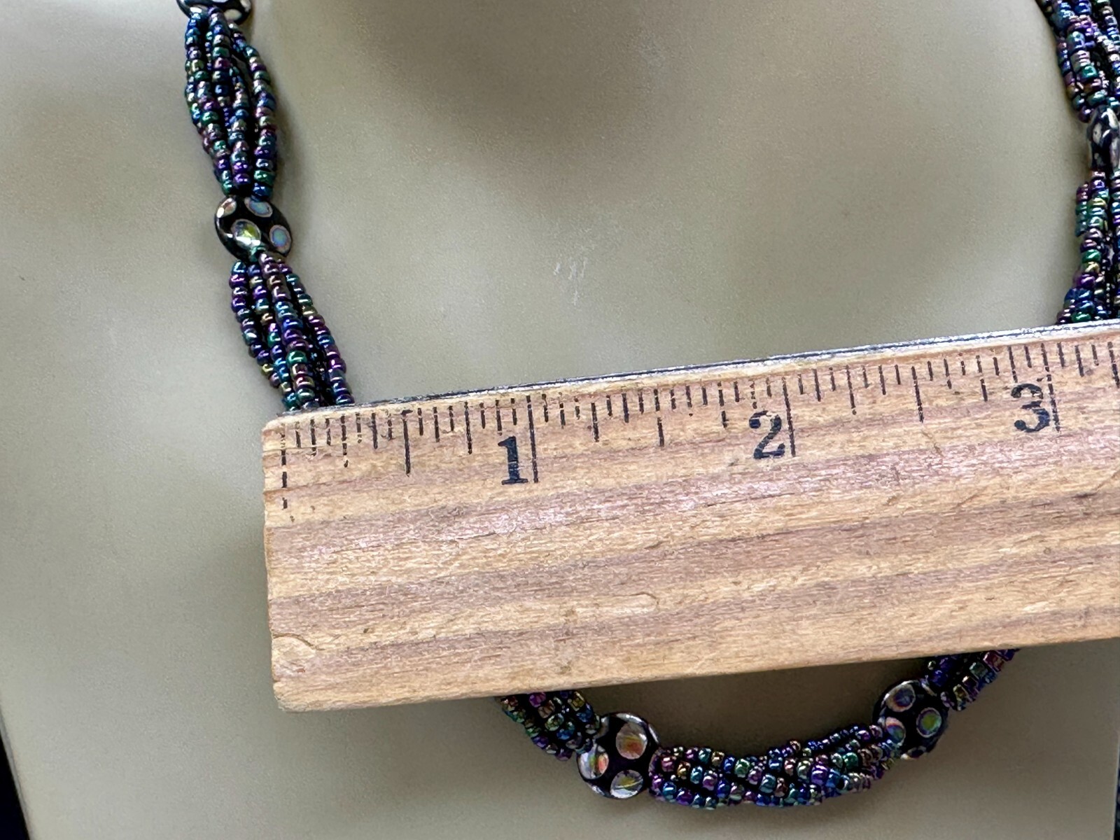 VINTAGE PEACOCK PURPLE SEED BEAD MULTI STRAND NECKLACE SILVER DOT ART GLASS