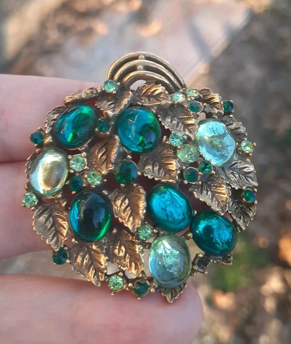 Vtg Arthur Pepper Brooch Pin Greens Cabochon Rhinestone Gold Leaves Gripoix RARE