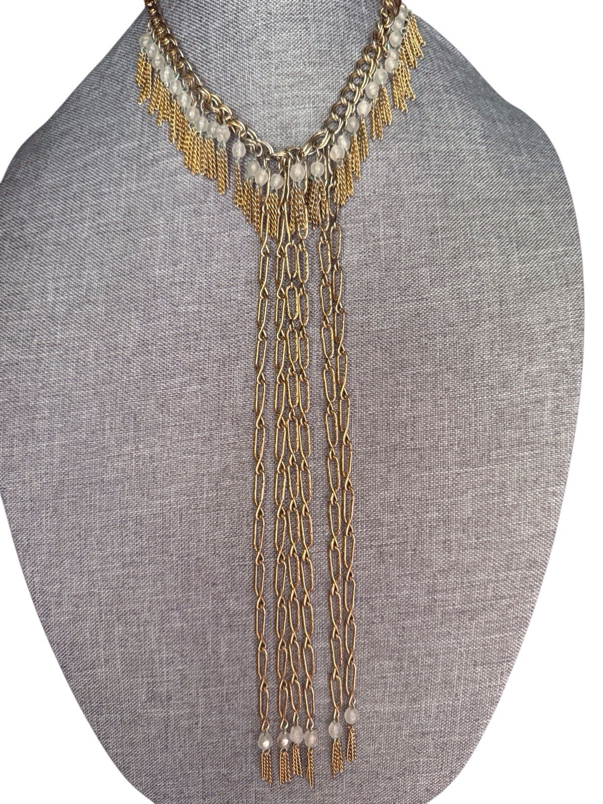 Bead Fringe Bib Necklace 1970s Cuban Link Chain Tassels Frosted Glass Gold T. WB