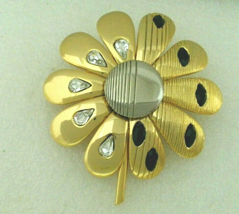 KN. “Orena” Paris Gold Tone Flower Brooch with Clear & Black Crystal signed