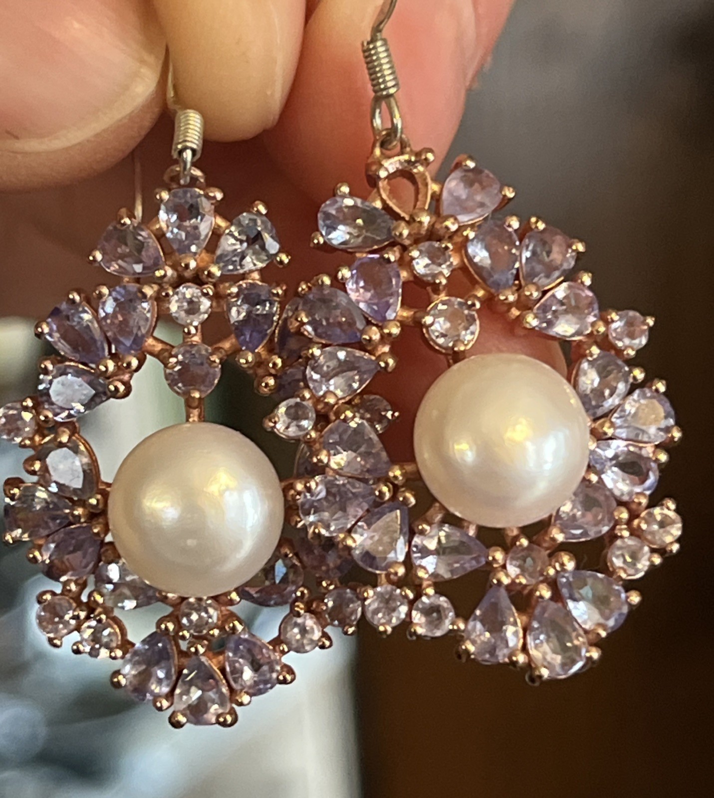 Vintage Tanzanite Real Pearl Dangle Drop Earrings 925 Wire Pierced 1.75” Classic