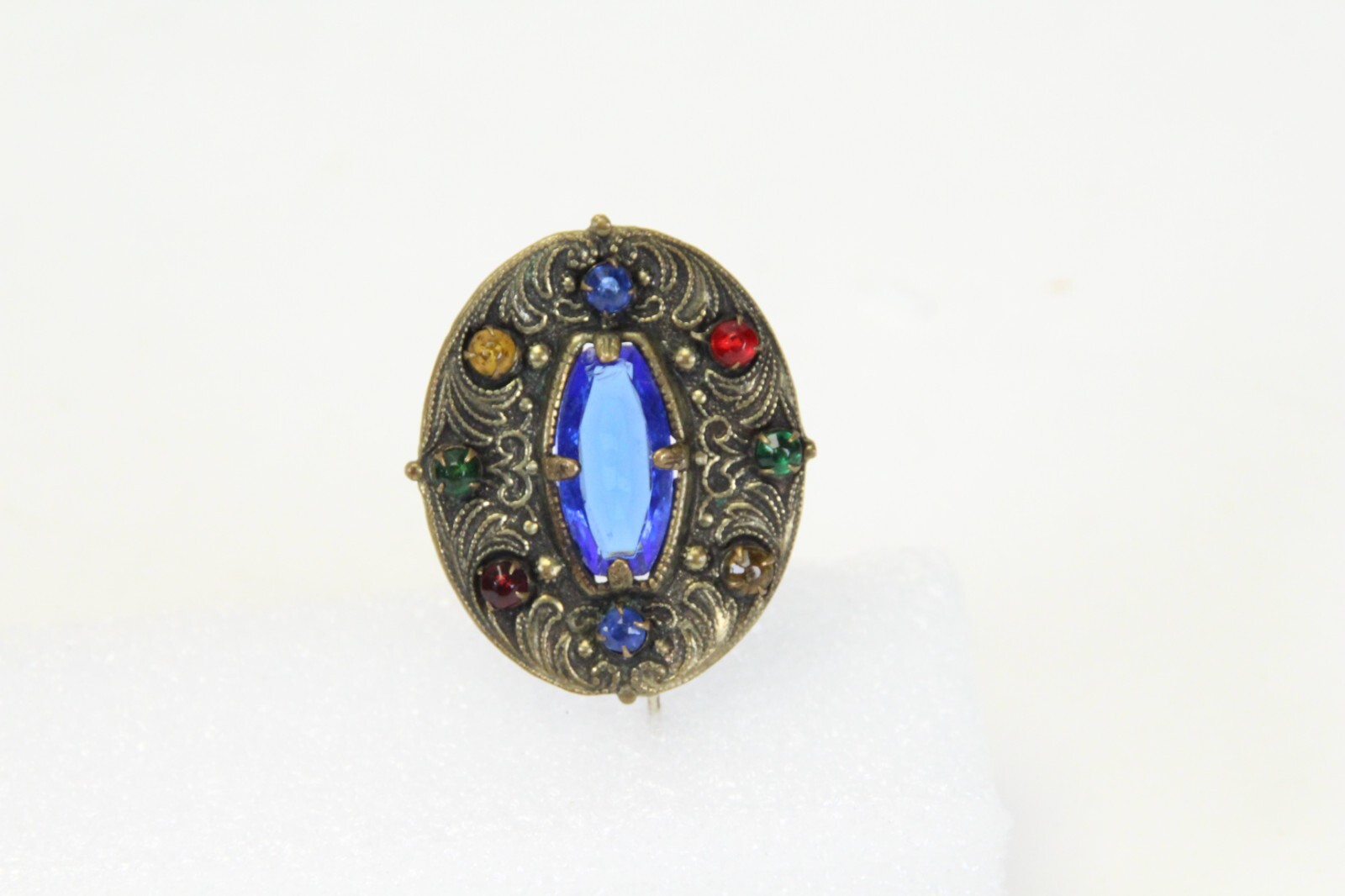 Czech Glass Goldtone Filigree Brooch Art Nouveau Blue Lozenge Fruit Salad