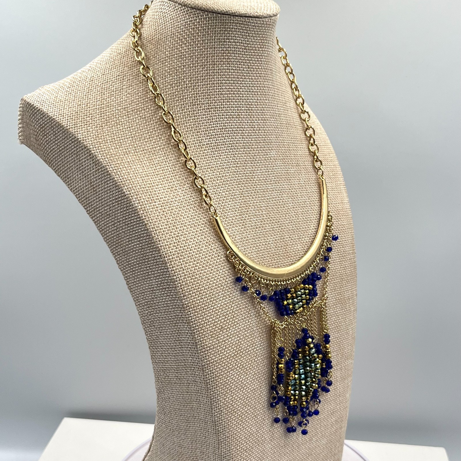 Vintage Retro Gold Tone Cobalt Blue Beaded Fringe Statement Bib Necklace Fashion