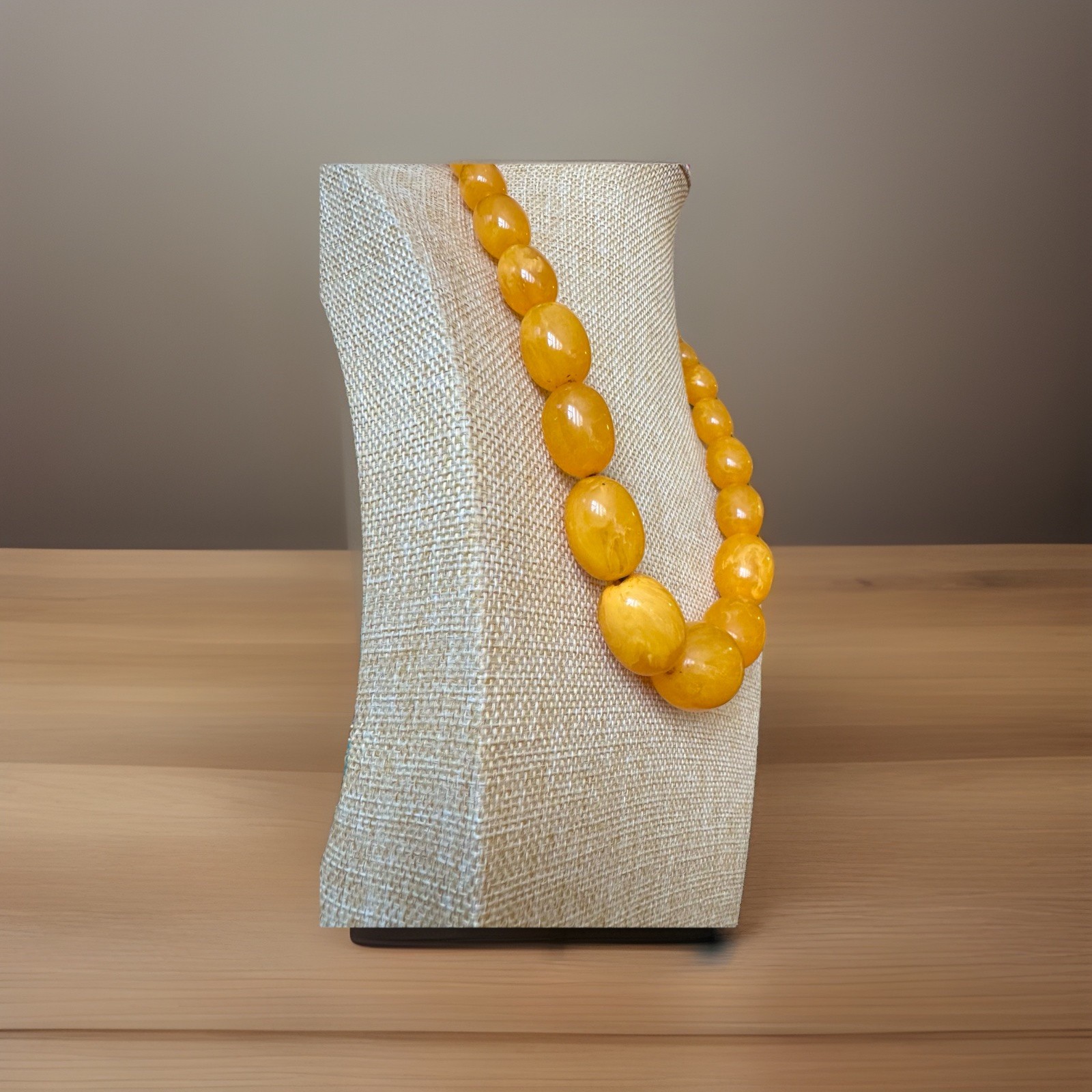 Vintage Style Oval Shape Translucent Egg Yolk Amber Resin Beads Necklace 106gr