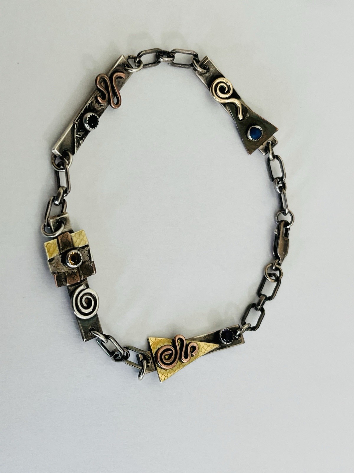 Vintage Signed MA Modernist Mixed Metal Sterling Silver Stone Link Bracelet
