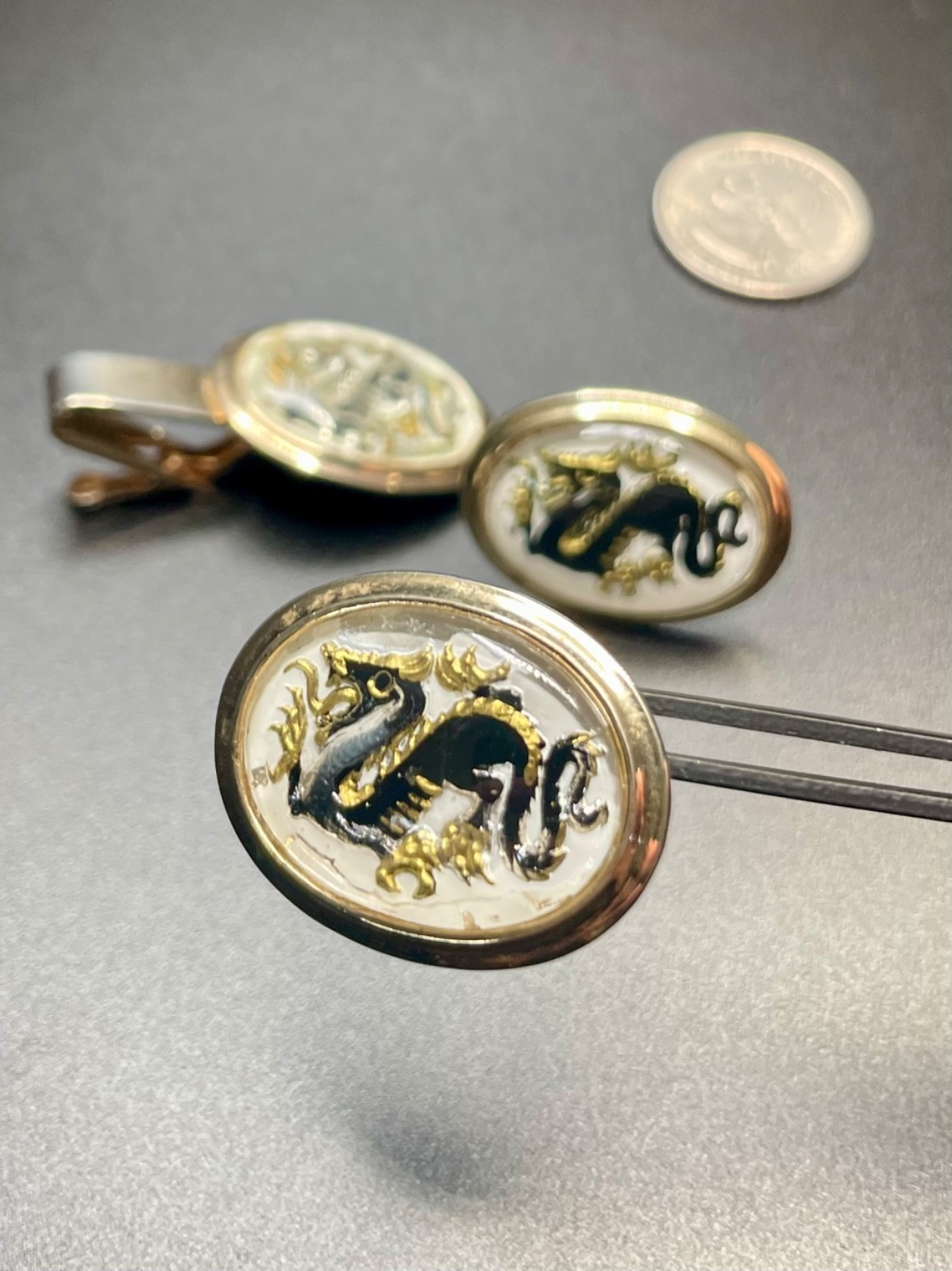 Vintage Dragon Cufflinks Tie Clip Set Reverse Painted Mid Century Intaglio