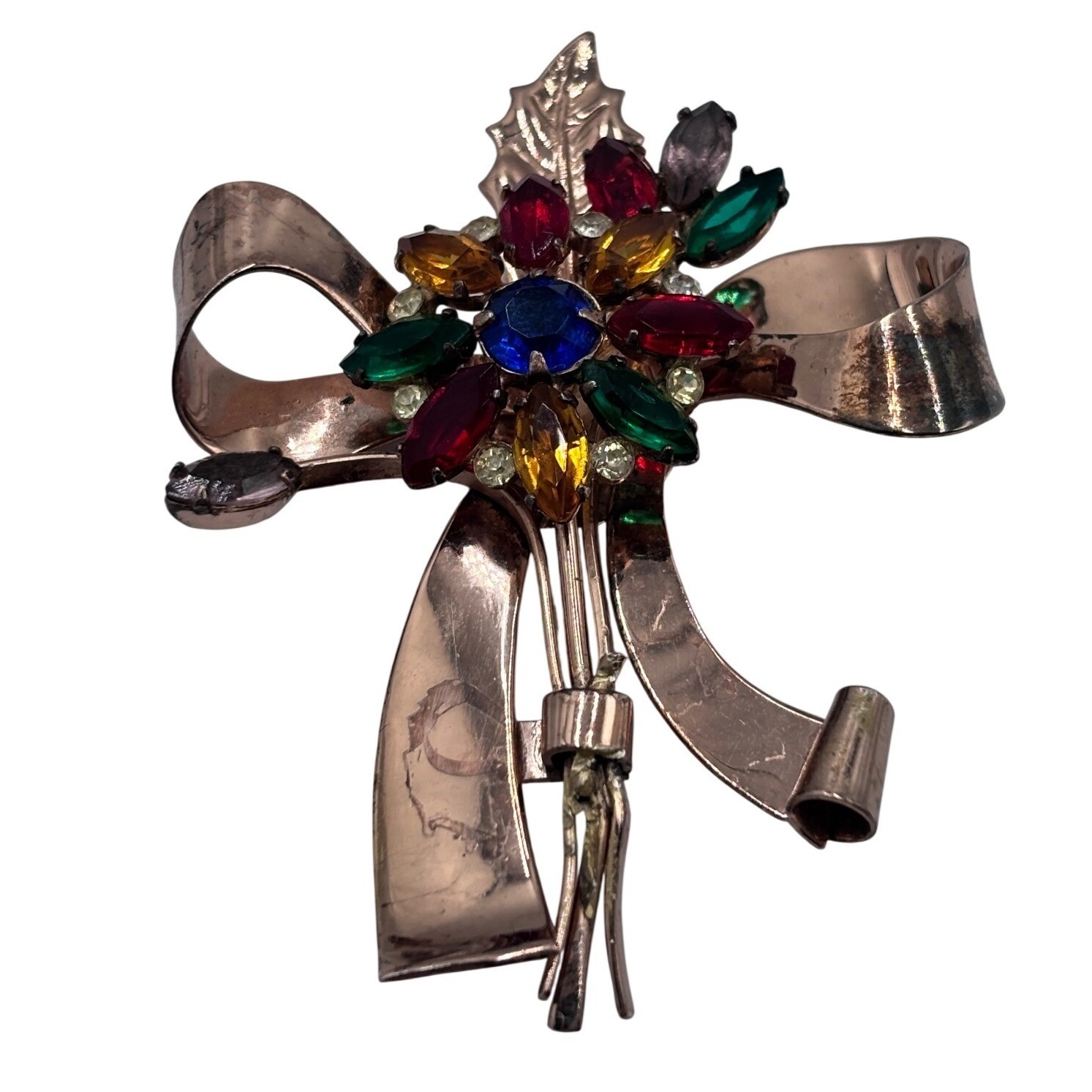 Coro Craft Sterling Silver Multi-Color Rhinestone Bow Floral Brooch Pegasus Tag