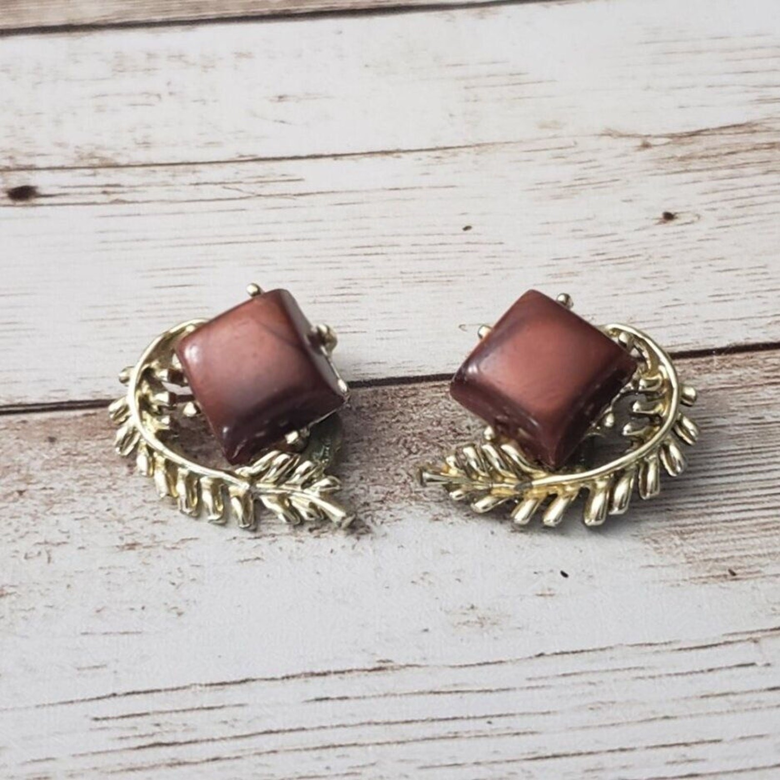 Vintage Clip On Earrings Brown Square with Gold Tone Leaf Details