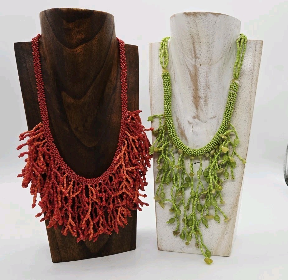 Vintage Beaded Fringe Bib Necklace Seed Beads Lot of 2 Statement Green Coral