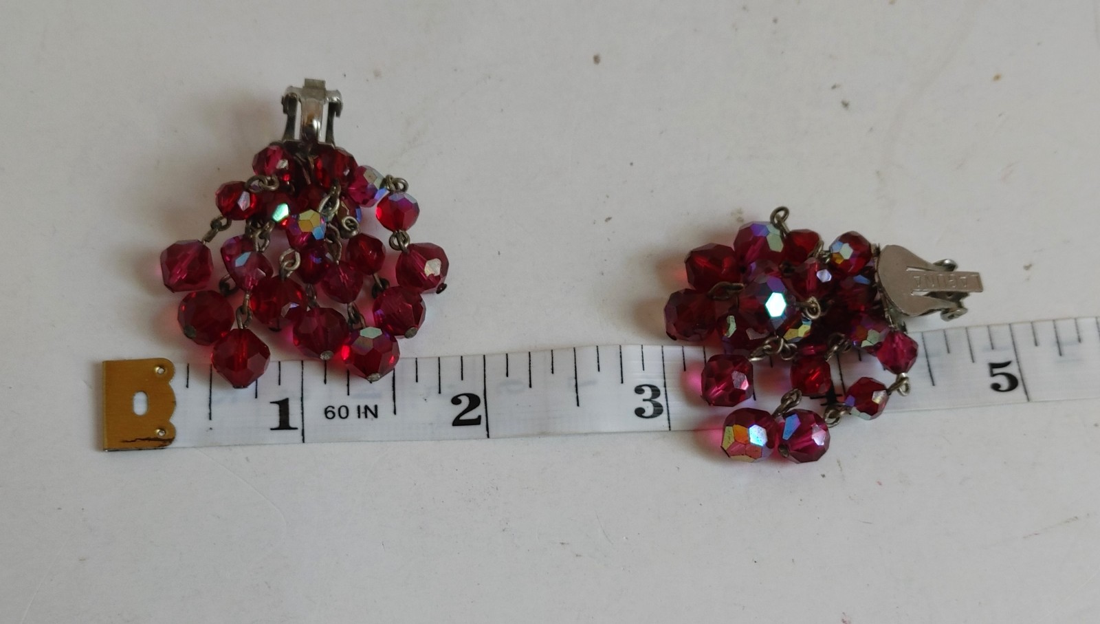 Signed Laguna Red AB Crystal Clip Earrings Vintage 50s 60s Cluster Dangle ChaCha